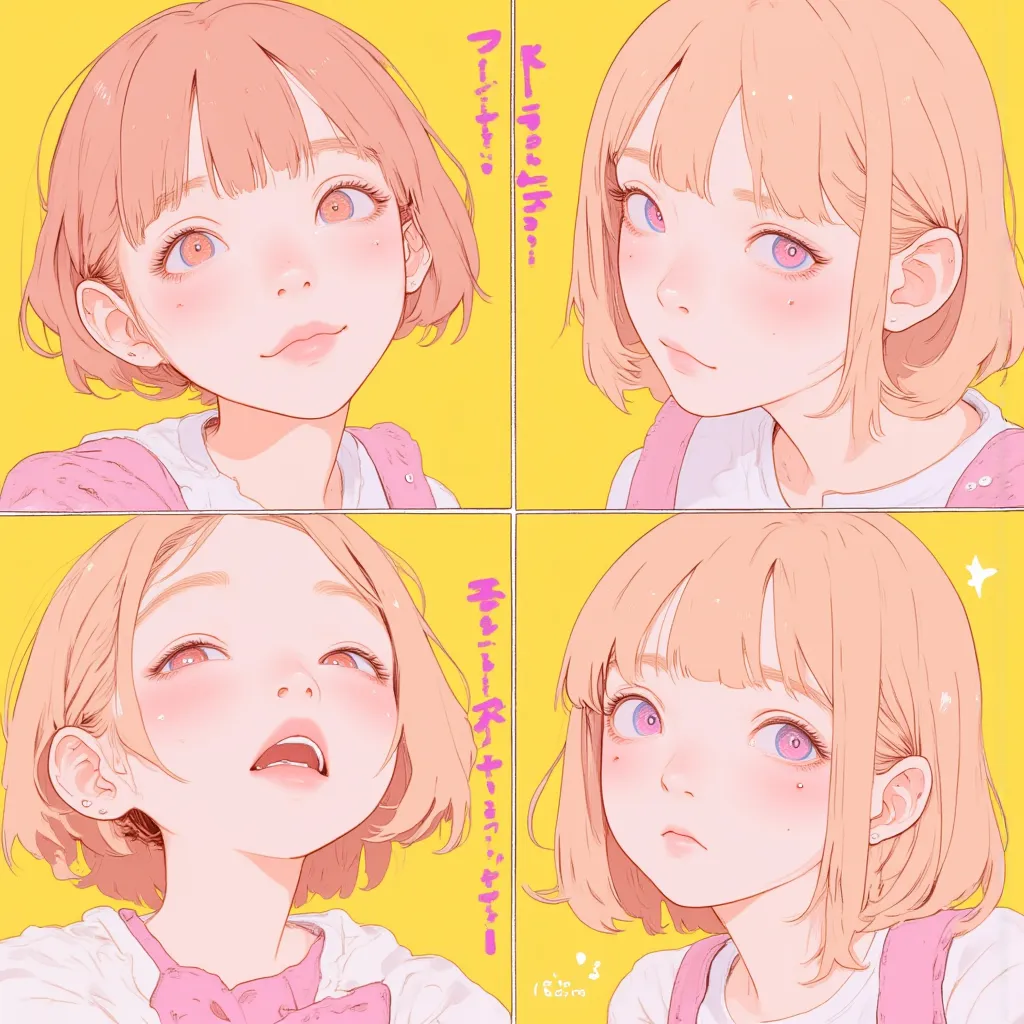 Draw the same character on a frame divided into 4 parts、“joy” in the upper left、“Anger” in the upper right、“sorrow” in the lower left、in the lower right,unified hairstyle and clothes,express emotions with the shape and angle of eyebrows, eyes, and mouth,“hi” has a big smile、” is a pleasure Open your eyes wide and squint {x } “Anger” has wrinkles between her eyebrows and has sharp eyes、“Ai” has tears and lowers the corners of the mouth、” express emotions with the shape and angle of eyebrows, eyes, and mouth,character details are women with pink booties,straight bangs, magenta eyes ,big eyes,simple white t-shirt,without ornaments,please express your joy, anger, sorrow, and pleasure too clearly,simple cream yellow back, lo-fi art style, 90s anime aesthetic, dreamy psychedelic anime, 90s anime style, 90s anime style, Anime stills, 90s anime style,