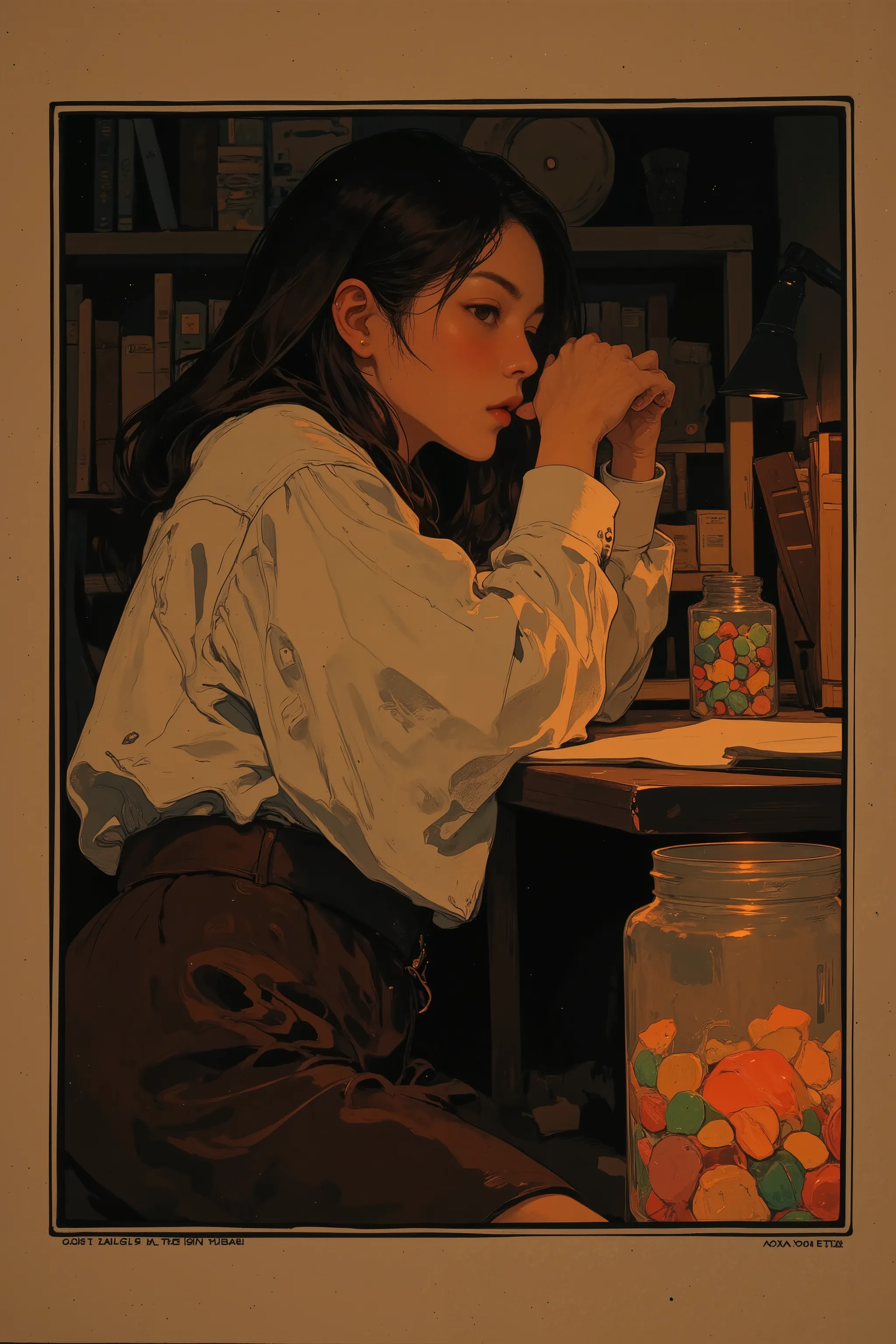(anime-style, cinematic lighting, 2:3 aspect ratio, ultra high detail, emotionally subtle, profile view, side angle)
a high school girl is sitting alone in her quiet bedroom, studying at her desk. she wears a slightly wrinkled school uniform. mentally tir...