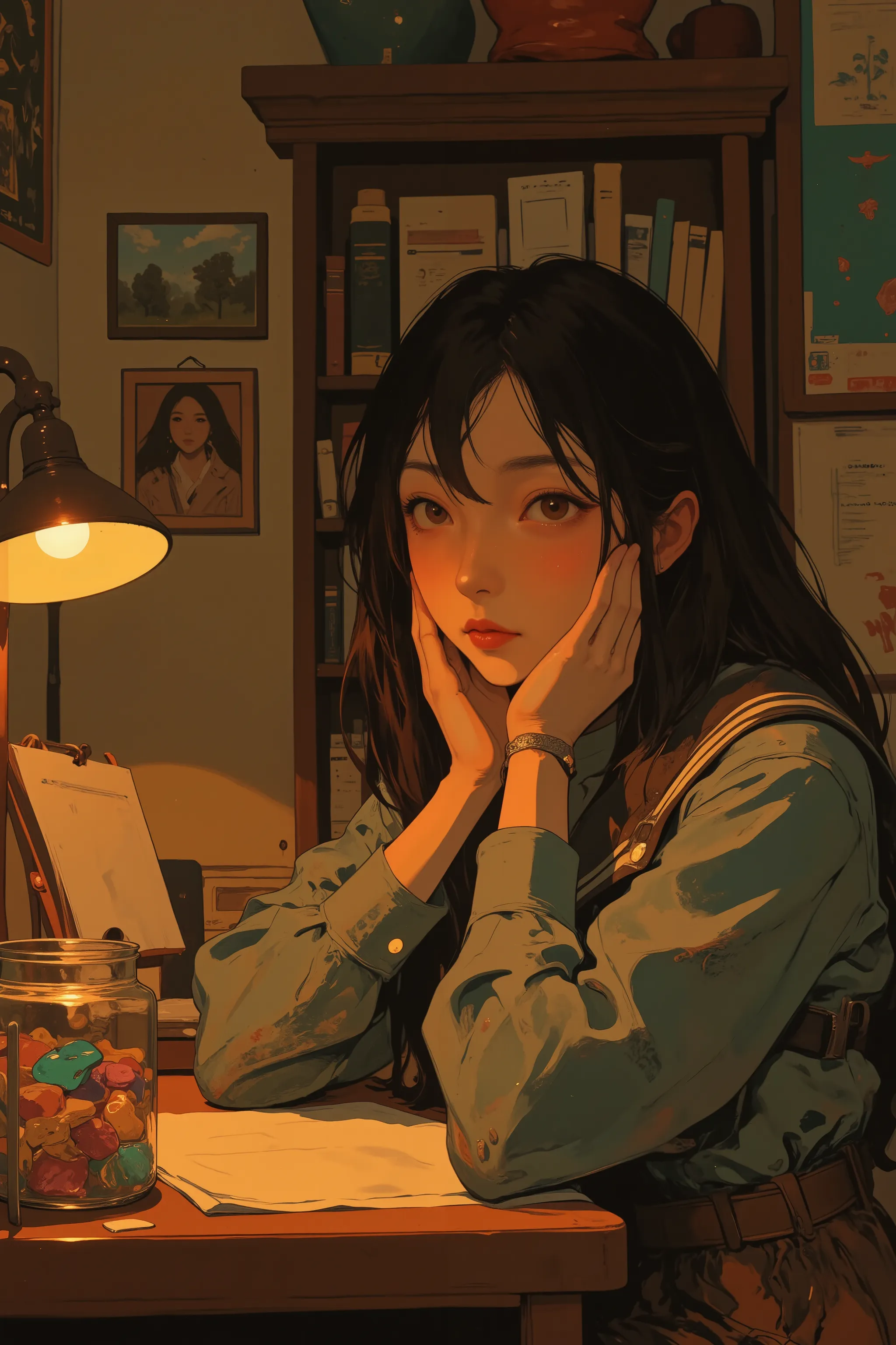 (anime-style, cinematic lighting, 2:3 aspect ratio, ultra high detail, emotionally subtle, warm mood)
a high school girl sits alone in her quiet bedroom, studying at her desk. she wears a slightly wrinkled school uniform. mentally tired, she rests her hea...