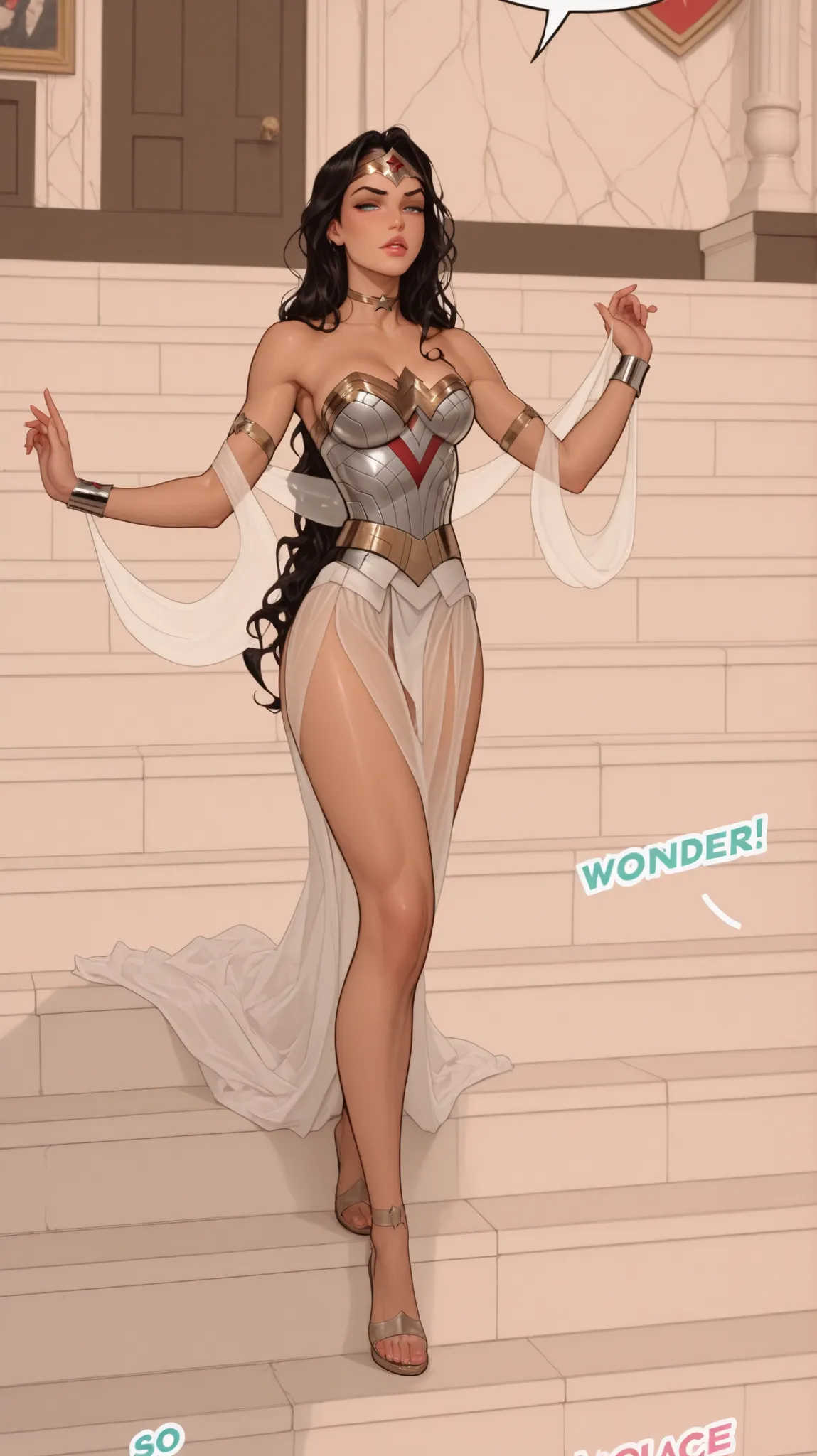 1girl, sexy and curvy voluptuous WonderwomanRB (wonder woman) with long black wavy hair and smooth skin, seductive expression, perfect face, perfect eyes, perfect lips, best quality, highest details, masterpiece