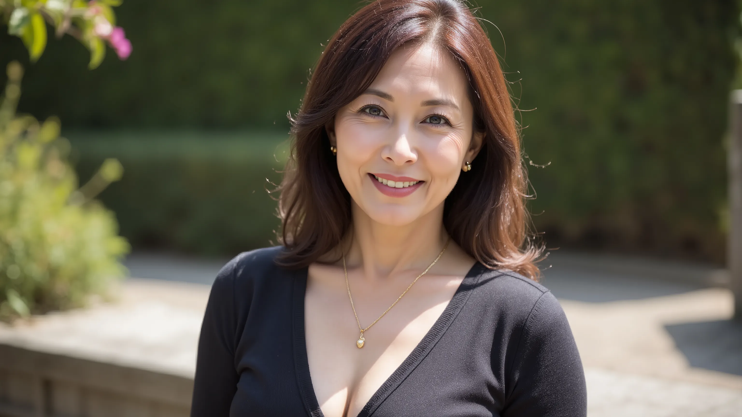 ６0 year old middle-aged woman、the focus is on a woman's eyes。((最high image quality、8k、masterpiece: 1.3))、realistic、sharp focus on the side of the speaker、high image quality、high definition、portrait、solo、Japan、clothes that show cleavage、Plump、Wave Hair、busi...