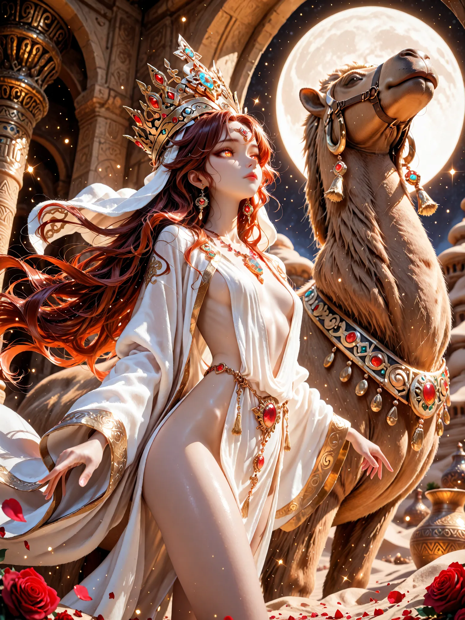 Masterpiece, best quality, amazing quality, absurdres, very aesthetic, lazypos, XUER guangying, dynamic angle, 1girl, a regal young duchess, skinny, slim, flat breasts,solo, long auburn hair, flowing hair, glowing auburn eyes, duchess crown, earrings, nake...