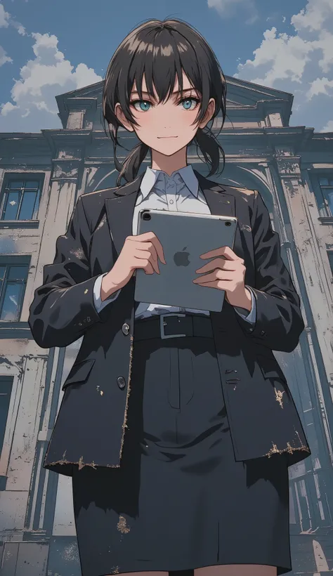 Medium-shot, vertical pastel-style illustration featuring Karina Astari, a 30-year-old woman standing in front of a school gate. She has a cold, arrogant smirk and sharp, slanted eyes that reflect superiority and harsh judgment. Her medium-length dark brow...