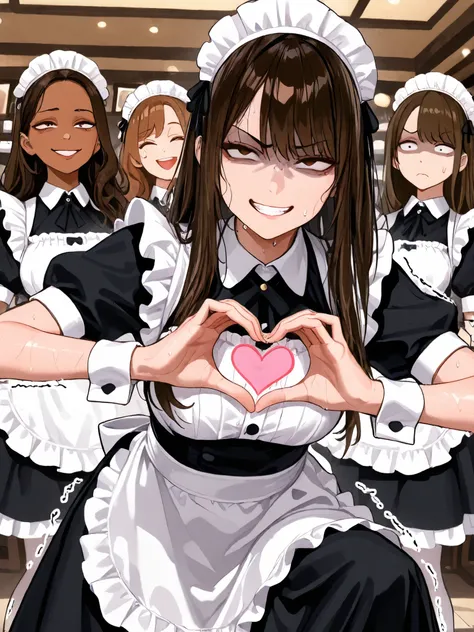 Perfect Anatomy:1.3,4 women, standing, solo, brown hair, long hair, dark skin, sweaty skin, maid, maid cafe, cafe, (frowning, contemptuous expression, enduring face, expression of disgust, frown), close-up on chest, heart hands, gritting teeth, teeth, rais...