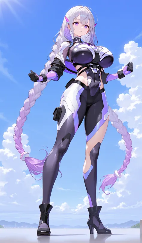 Cryptic girl,masterpiece, best quality, amazing quality, very aesthetic,, sensitive, (full body shot:1.5),highly detailed cyber full body suits, Extreme large Breast, long gradient purple twin braid hair ,(standing like a super hero.),standing on ground,  ...