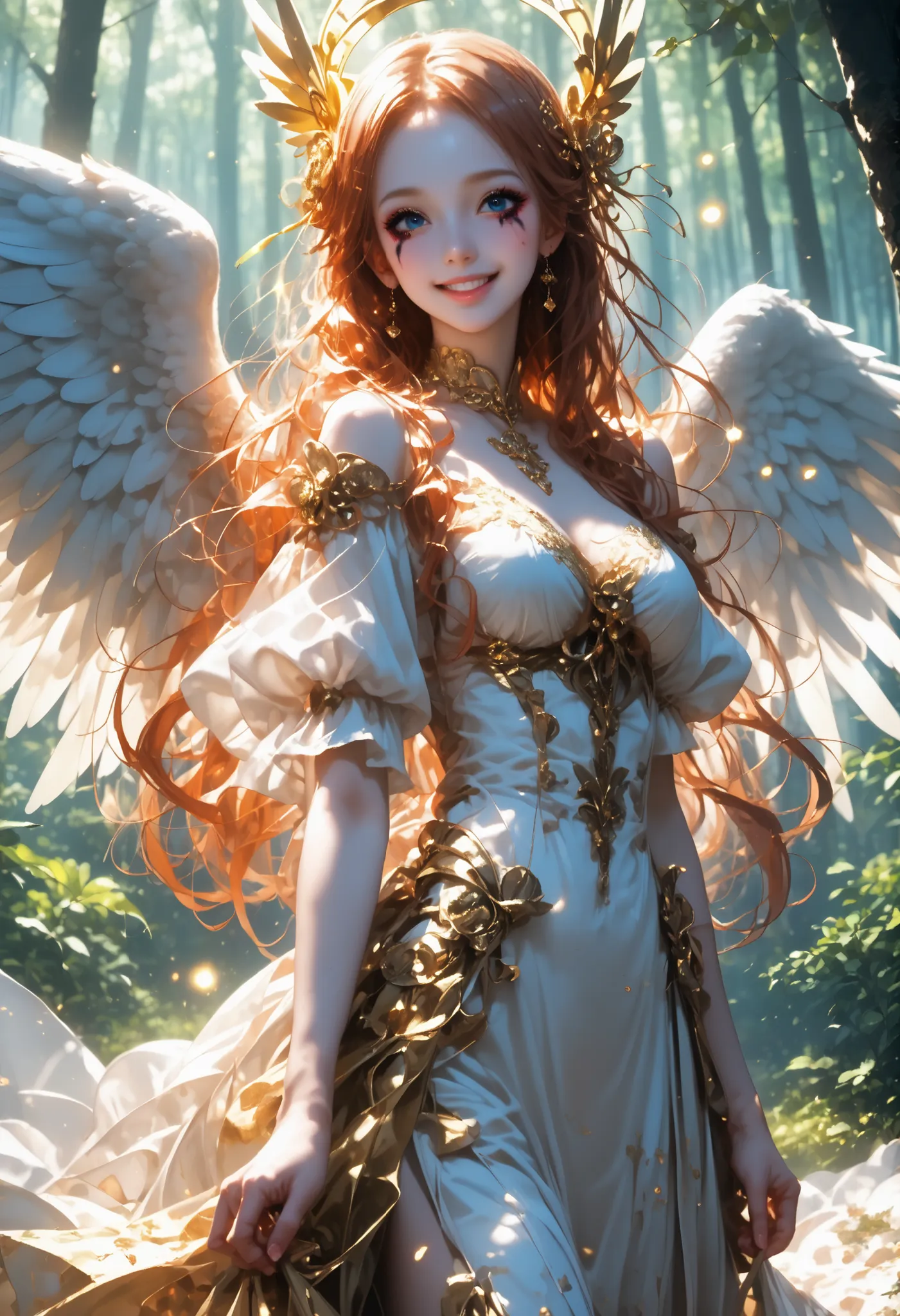 anime girl, とてもbeautiful, IDEAL ANATOMY,  long hair straight very long hair , small, big eyes, bright personality, Nice Makeup, angel wings,  Wings with Gold Dust Sparkling , 雲のbeautiful景色,  the sun is shining, forest, walk, smile, joy,   soft and pleasant...