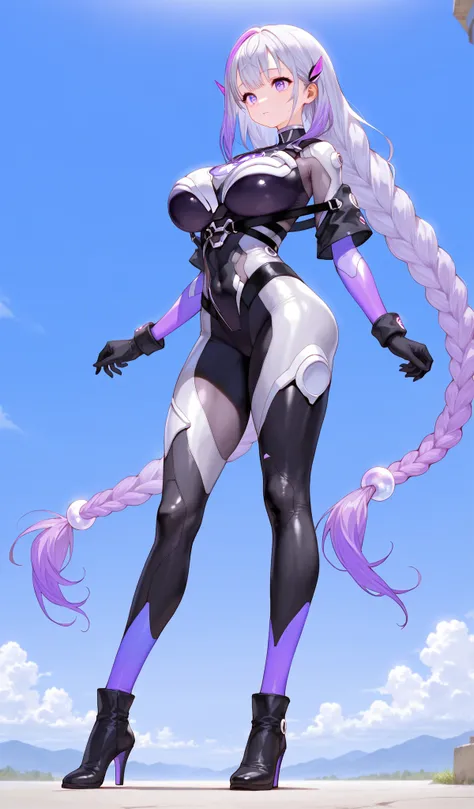 Cryptic girl,masterpiece, best quality, amazing quality, very aesthetic,, sensitive, (full body shot:1.5),highly detailed cyber full body suits, Extreme large Breast, long gradient purple twin braid hair ,(standing like a super hero.),standing on ground,  ...