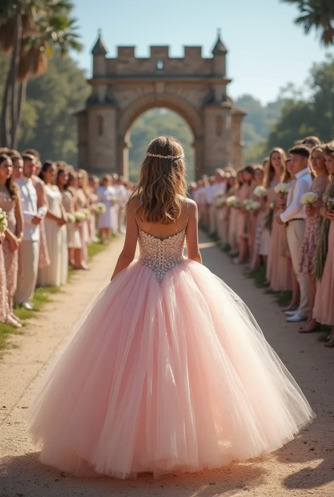 An image of a girl arriving at her wedding, the place is like an outdoor castle, her dress is made of tulle with a variety of pastel princess-style colors with a very bulging skirt. At the wedding the guests see her arrive excited and all the guests are dressed in white