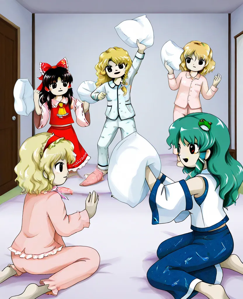 zun \(style\), 
hakurei reimu, 
kochiya sanae,
kirisame marisa,
alice margatroid,
pajamas,
bedroom,
pillow fight,
4girls