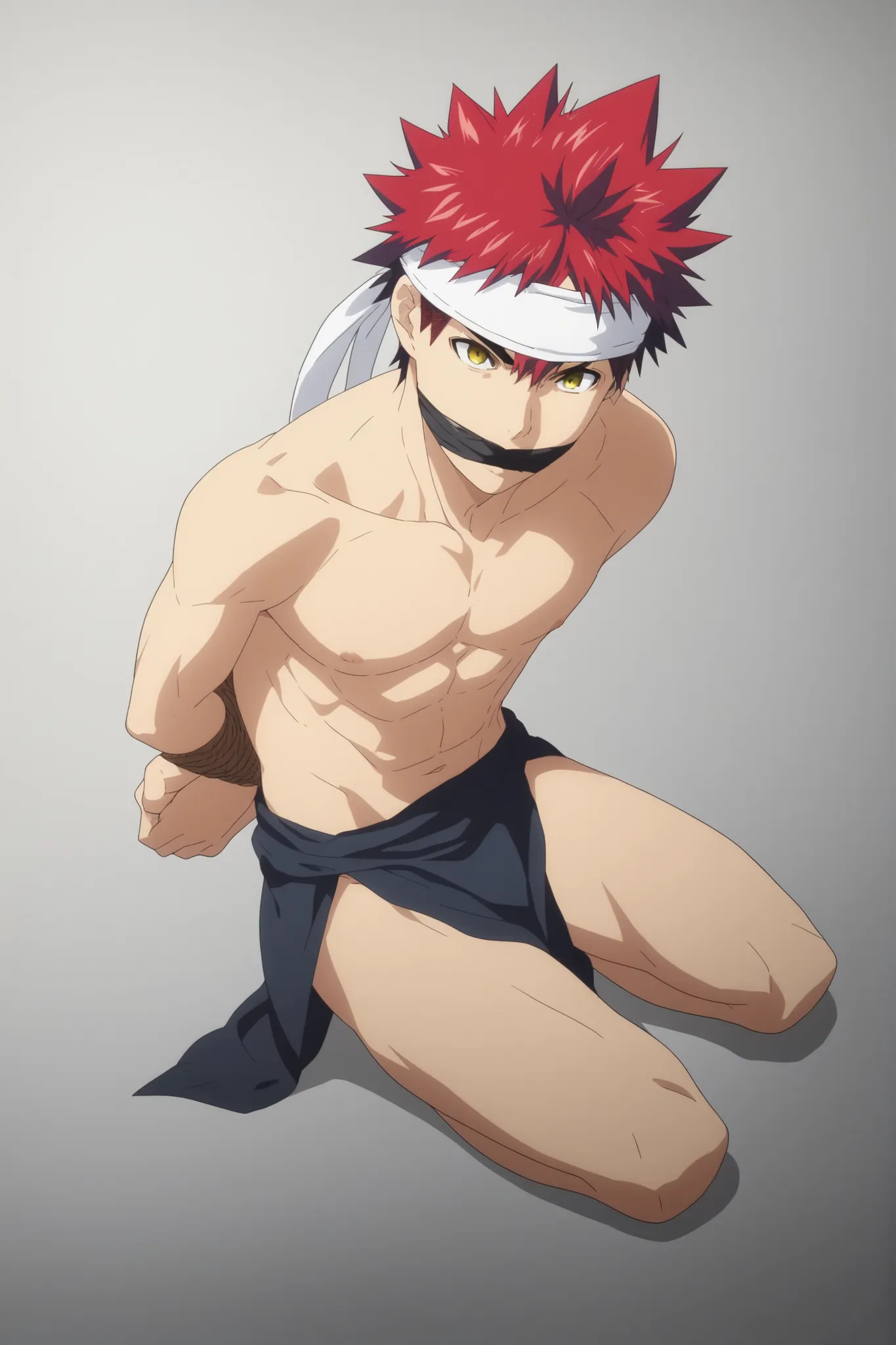 score_9, score_8_up, score_7_up, score_6_up, score_5_up, score_4_up, BREAK source_anime, anime screencap, , official style, looking at viewer, full body, , 1boy, solo, male focus,  souma_yukihira, red hair, yellow eyes, spiked hair, headband, white headban...