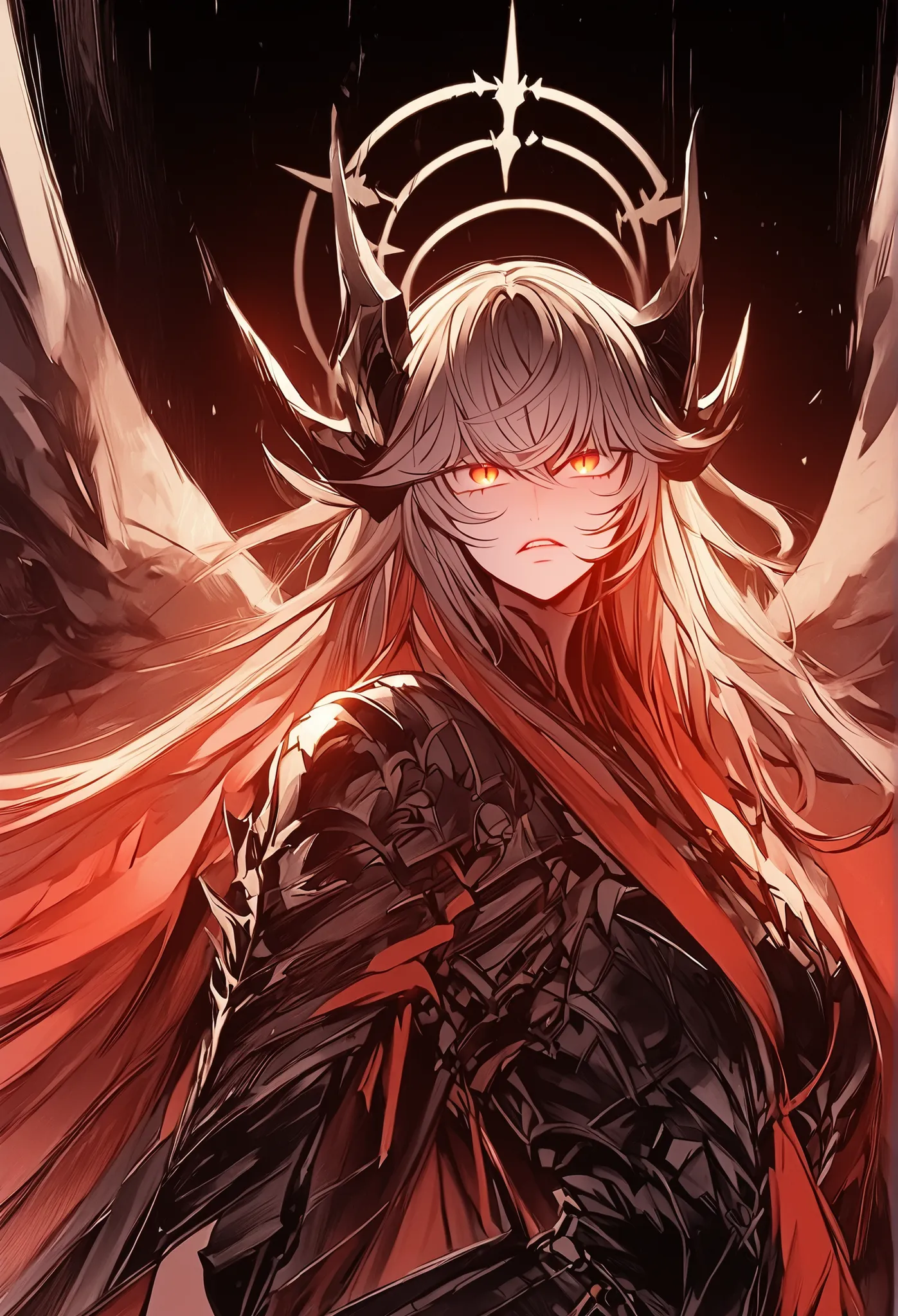 Solo, ung man, facing the viewer, brown hair, hairstyle of Jack Vessalius from Pandora Hearts, face of Jack Vessalius from Pandora Hearts, eyes in the red wine color tone, long bangs, perfect anatomy, student, black horns of Uzen Kyouka from Chained Soldie...