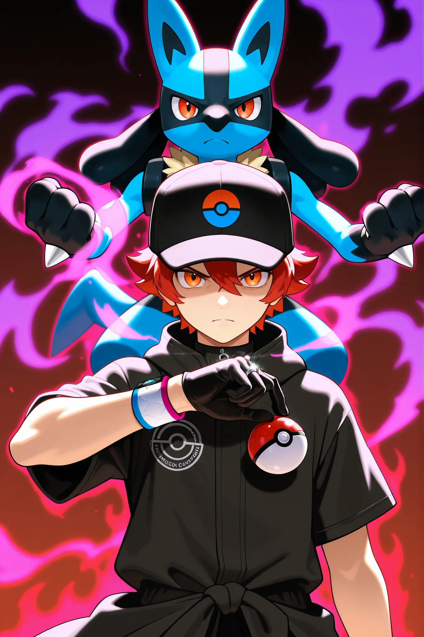 fifteen years boy, one boy, serious expression, hair lifted up, medium short hair, baseball cap with a pokeball symbol, red hair, beauty face, orange eyes, black jersey, loose red short-sleeved overcoat, pair of medium black gloves for mega-stone, psychic...