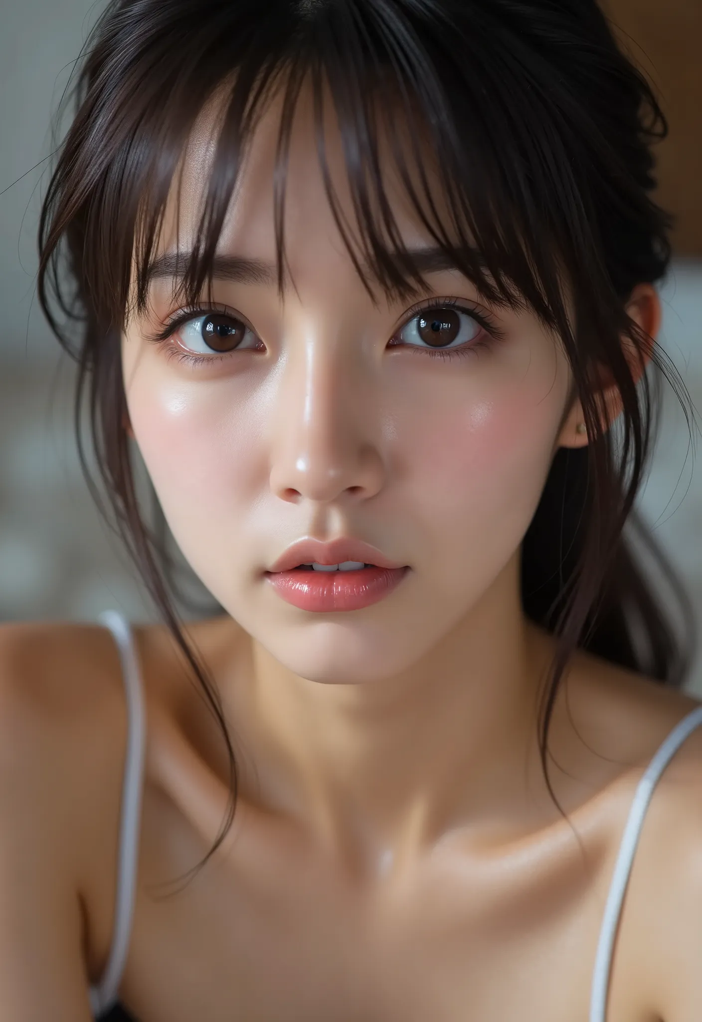 Woman's upper body photo 、( sharp concentration ), from above, ( kneel and look up :1.10), (( mouth:1.6)), ( born in the year:1.8), (Ultra-detailed beautiful faces:1.10), ( super detailed beautiful slim body :1.9), 21 years old, ( super detailed b...