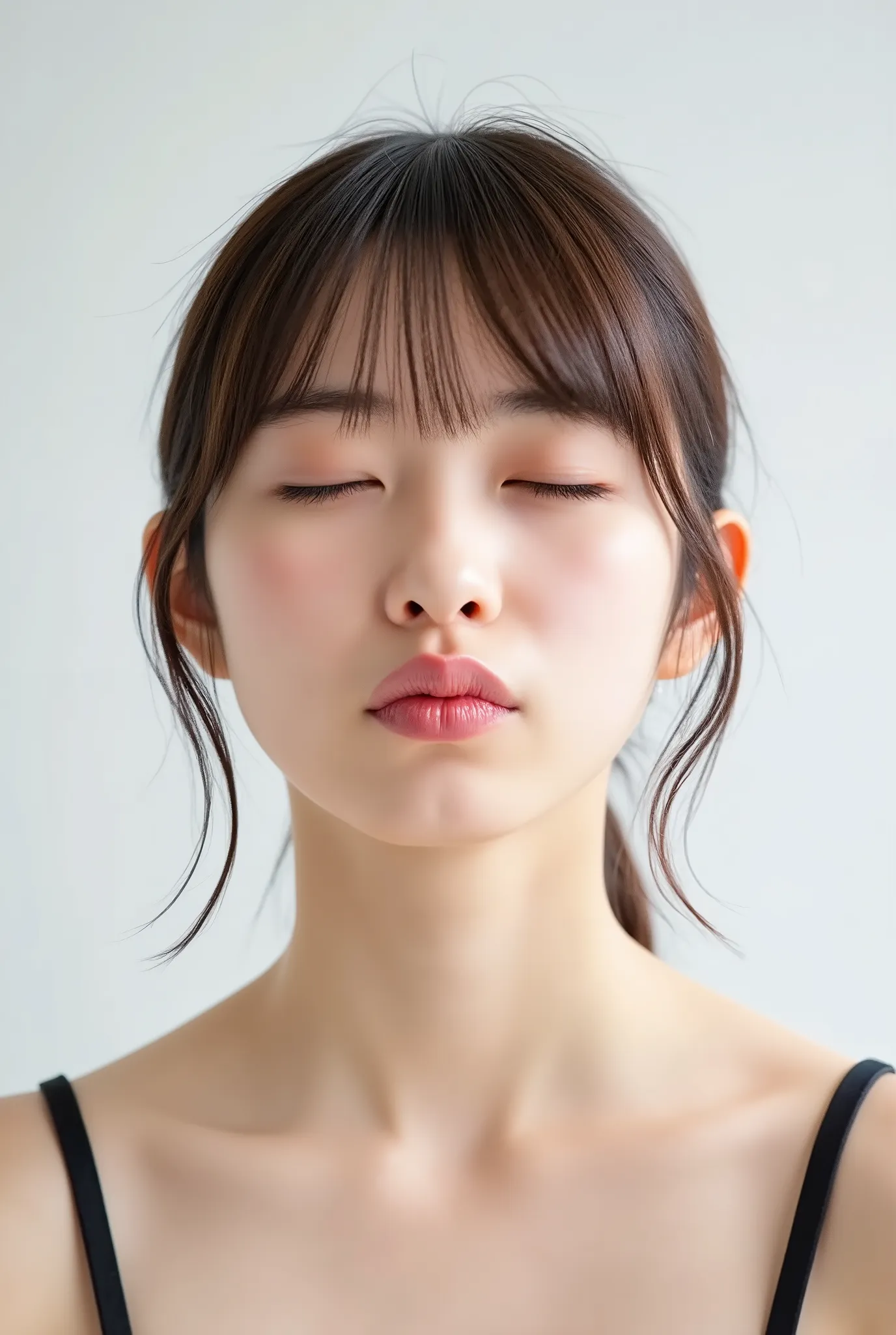 Japanese girl, collarbone to top of head in frame, black camisole, extremely puckered lips, tightly pursed into a round shape, lips exaggeratedly pushed forward, kissy face with circular lip formation, glossy and plump light pink lips, lips as primary foca...