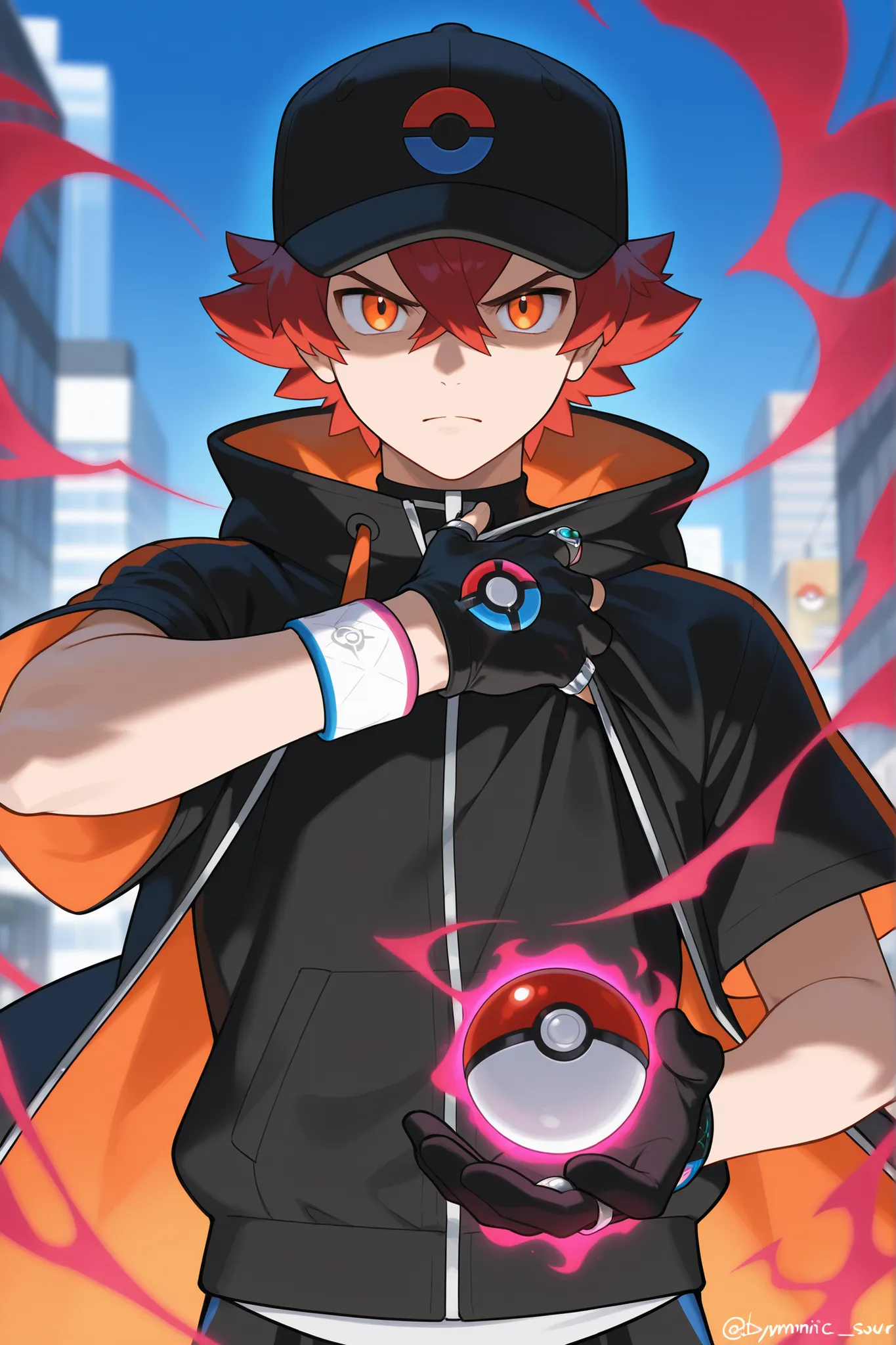 fifteen years boy, one boy, serious expression, hair lifted up, medium short hair, baseball cap with a pokeball symbol, red hair, beauty face, orange eyes, black jersey, loose red short-sleeved overcoat, pair of medium black gloves for mega-stone, psychic...