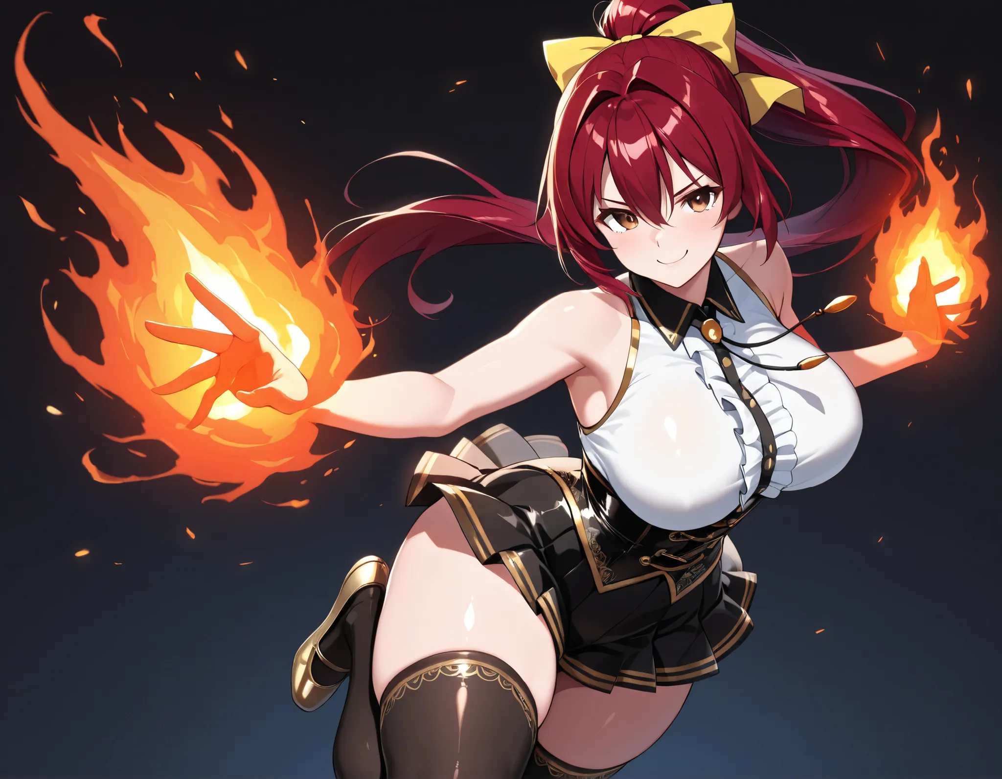 Takeda, 1girl, (curvy, fit_female, thick_thighs, large_breasts, red_hair, brown_eyes, hair_intakes, long_hair, high_ponytail, yellow_bow, hair_bow, hair_between_eyes), (tight_clothing, skin-tight), (black_wing_collar, black_sailor_collar, red_mini_bowtie, ...
