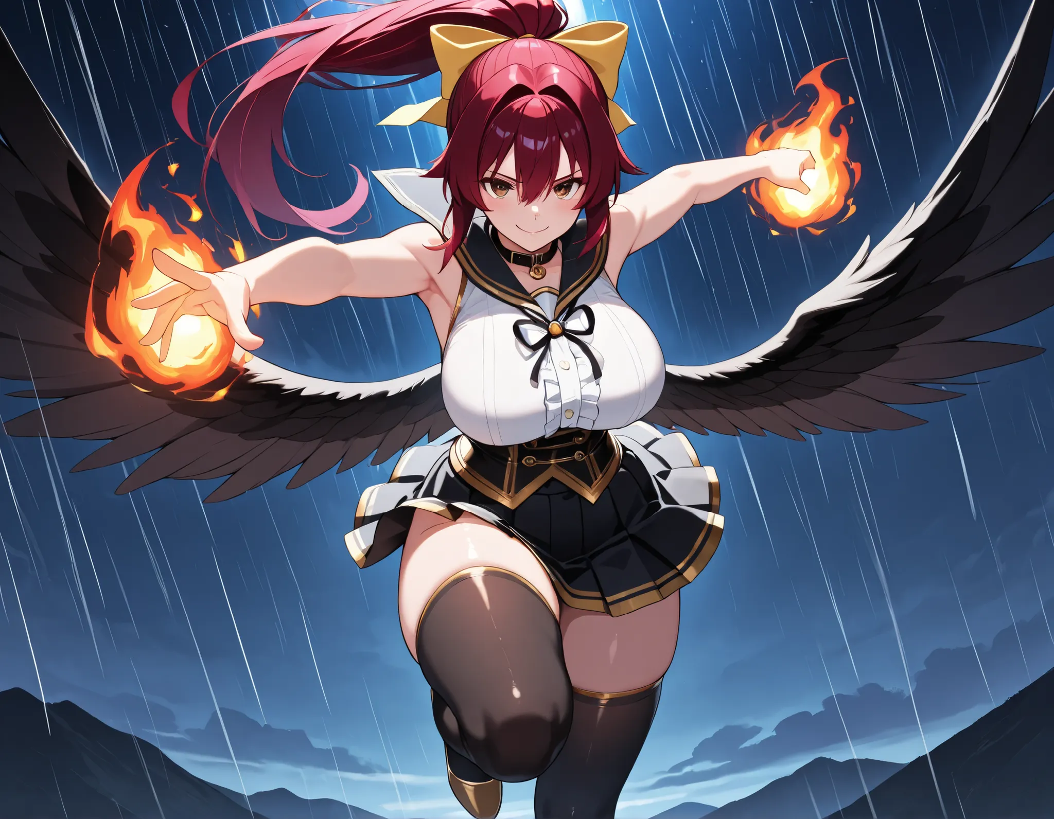 Takeda, 1girl, (curvy, fit_female, thick_thighs, large_breasts, red_hair, brown_eyes, hair_intakes, long_hair, high_ponytail, yellow_bow, hair_bow, hair_between_eyes), (tight_clothing, skin-tight), (black_wings, collar, sailor_collar, red_mini_bowtie, bolo...