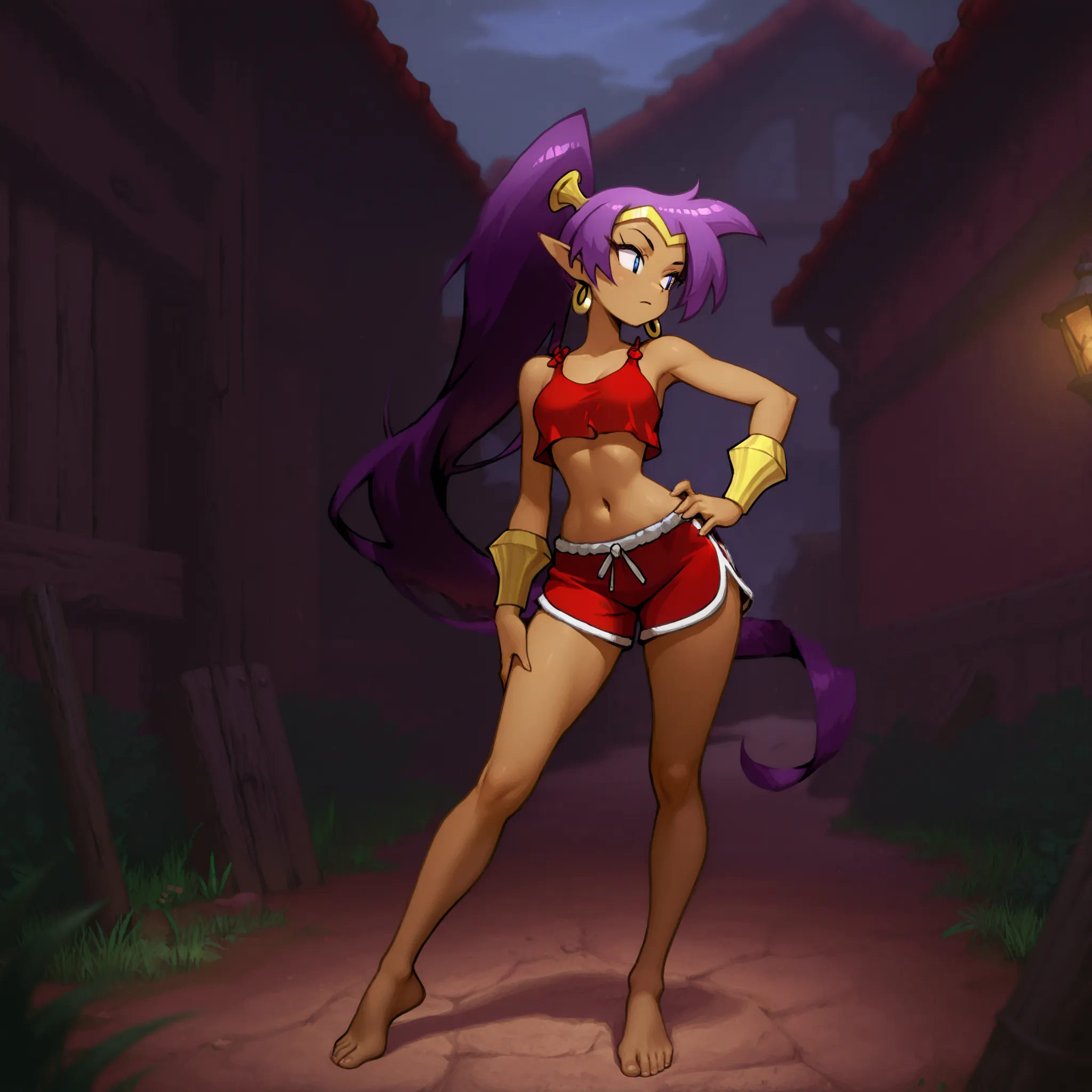 masterpiece, best quality, amazing quality, high resolution, ultra-detailed, absurdres, newest, shantae, 1girl, solo, clothed, barefoot, outdoors , contrapposto, BREAK, detailed eyes, photorealistic details, depth of field, volumetric lighting