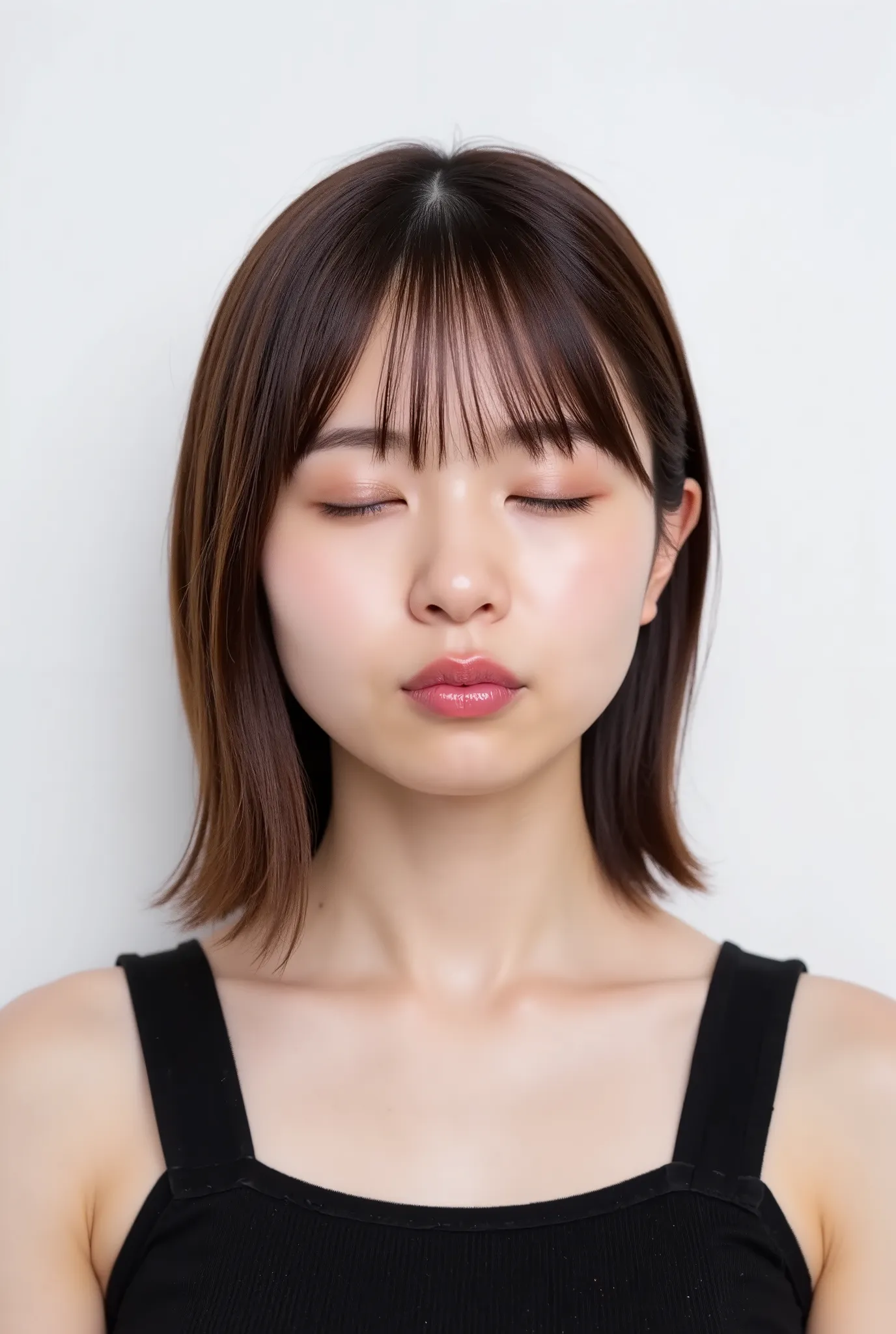 Japanese girl, collarbone to top of head in frame, black camisole, extremely puckered lips, tightly pursed into a round shape, lips exaggeratedly pushed forward, kissy face with circular lip formation, glossy and plump light pink lips, lips as primary foca...