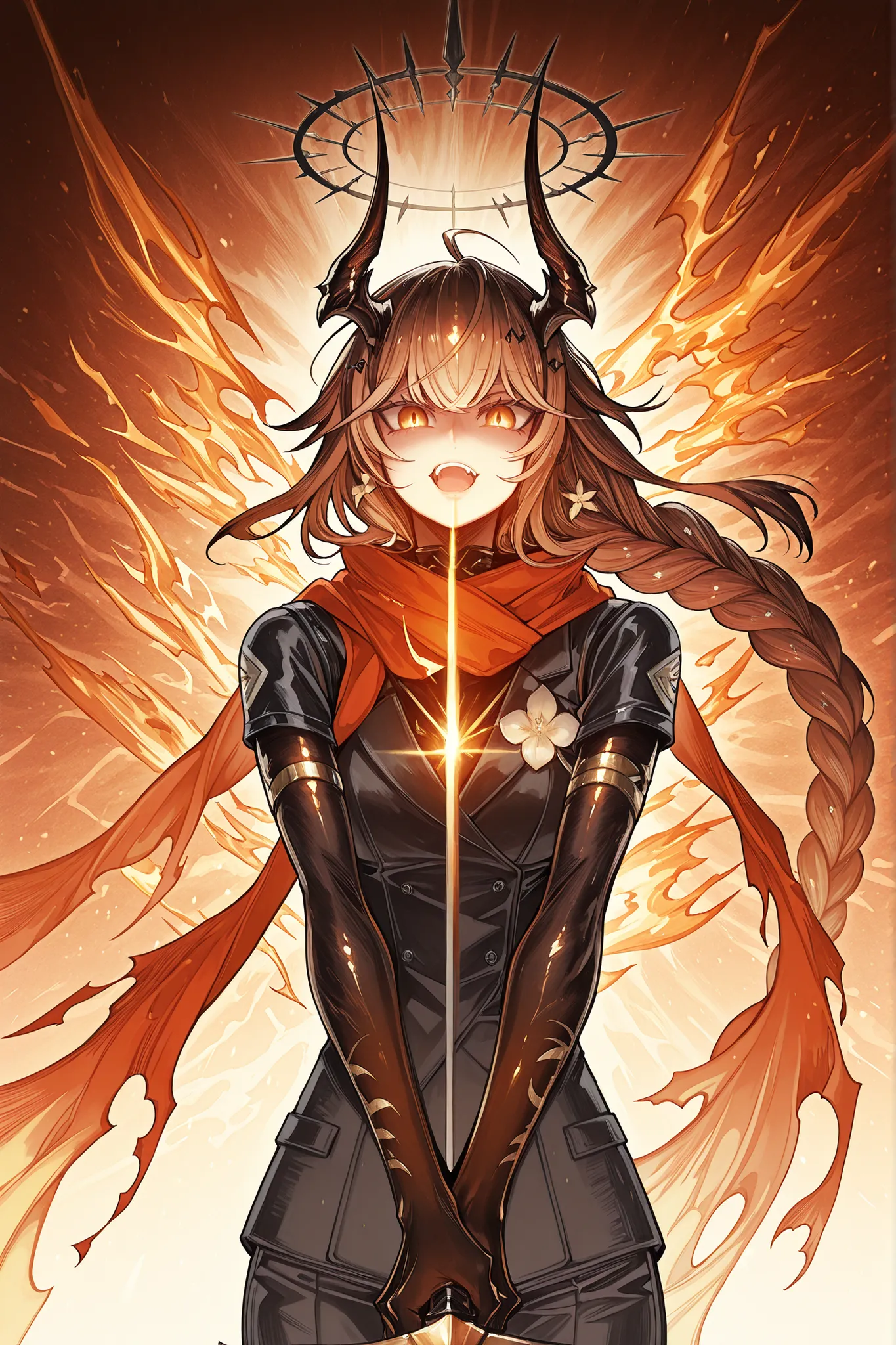 Solo, ung man, facing the viewer, brown hair, hairstyle as Reed The Flame Shadow from Arknights but with a long braid in her hair, face as Hill from Lilith' Cord, eyes in the red wine color tone, long bangs, perfect anatomy, student, black horns of Reed Th...