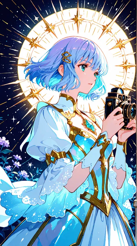 Anime illustration art, high resolution, detailed linework, fantasy photography theme, magical realism, dynamic pose, full-body shot, soft glow effects, dreamlike atmosphere, cinematic lighting, delicate armor design, vibrant colors, high contrast, ethereal aesthetic, refined artistic style, photo-inspired magic, memories crystallized, lens-inspired details, Makoto Shinkai-inspired lighting, Clamp-style elegance, Yoshitaka Amano fluidity.
The Magical Girl of Photography. Creation of a high-definition, anime-style illustration with refined and detailed lines, inspired by classic artists such as Clamp, Makoto Shinkai and Yoshitaka Amano. Aiko Lumina must be represented in a dynamic and expressive pose, occupying the entire composition in a well-structured frame. Aiko must be in motion, in a position that conveys lightness and energy, as if she were spinning while holding a magical photographic crystal. Her enchanted expression reflects her fascination with capturing moments. Her gaze is mesmerizing, with an intense glow, representing her magical ability to record visual memories. The illustration features strong contrast, with a vibrant and balanced color palette. Ethereal and magical tones such as sky blue, lilac and gold are predominant, with touches of bright white to highlight luminous details. The saturation is well adjusted, ensuring that each tone contributes to the feeling of fantasy and enchantment. Soft and diffuse lighting, with highlighted points of light, reinforces the magical effect of the character and creates visual depth. Aiko wears delicate and elegant magical armor, mixing light metallic and crystalline elements, with ornaments that evoke the shutter of a photographic camera. The costume combines mechanical and fluid structures, with soft and symmetrical lines, guaranteeing a sophisticated and cinematic look. Her enchanted photographic accessories include a brooch in the shape of a classic camera, sparkling hair clips simulating photographic flashe