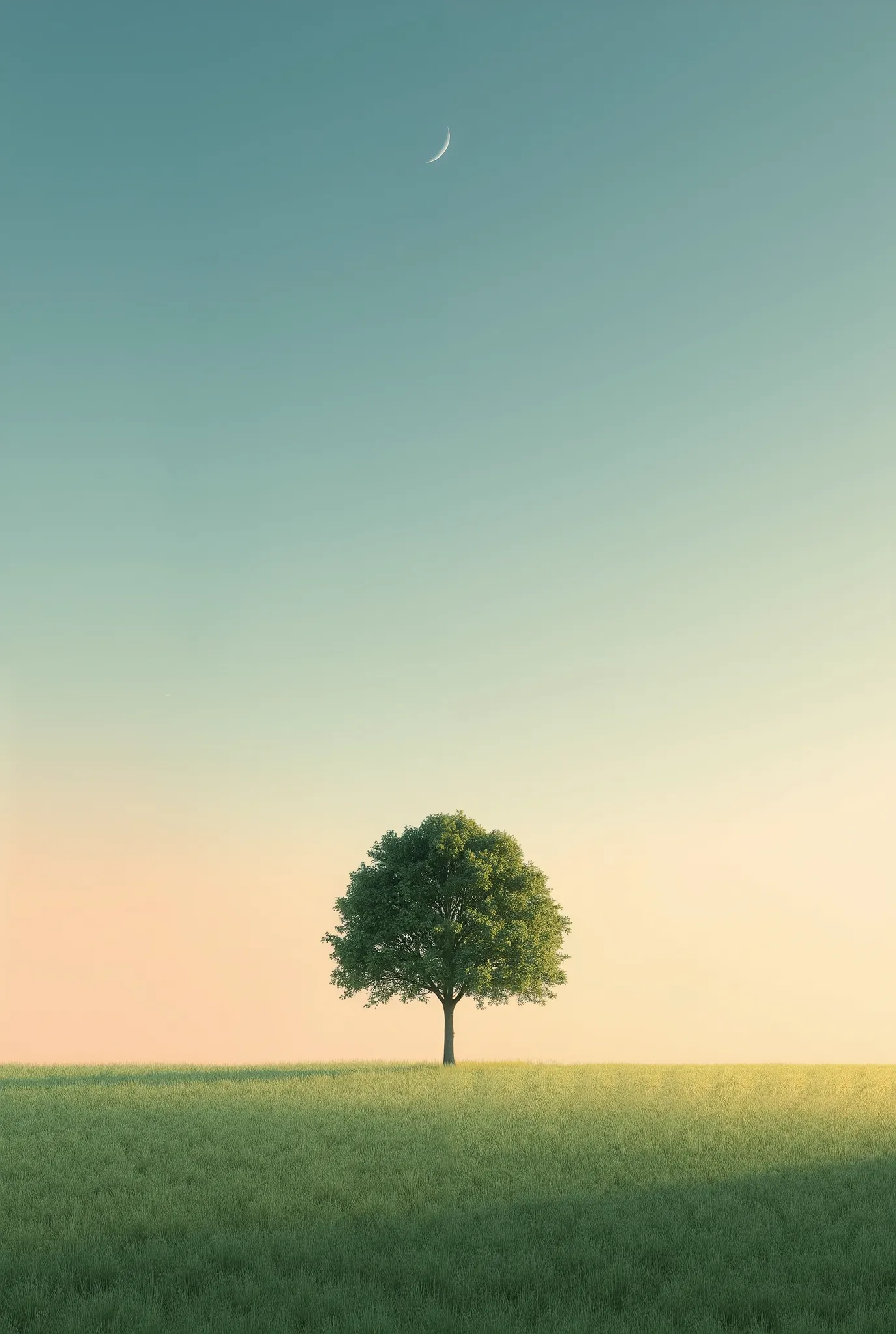 Ultra high-resolution photorealistic vertical landscape. A single large tree stands alone in the middle of a vast green field. The top 5/6 of the image is dominated by a wide, dreamy sky with a smooth gradient from soft orange at the horizon to deep blue a...