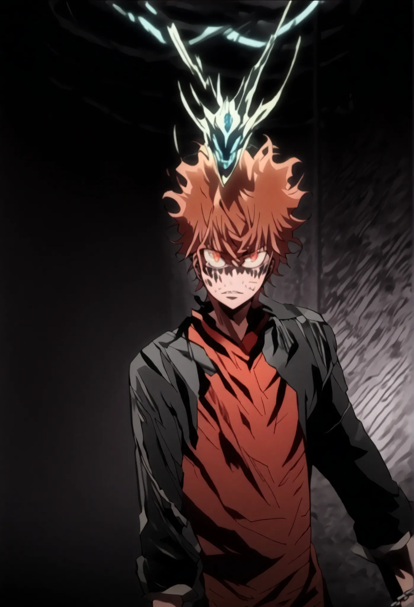 Solo, young boy, facing the viewer, brown hair, hairstyle of Tsunayoshi Sawada from Reborn, face of Tsunayoshi Sawada from Reborn, eyes in the red wine color tone, long bangs, perfect anatomy, black horns of Uzen Kyouka from Chained Soldier, eyes horns the...