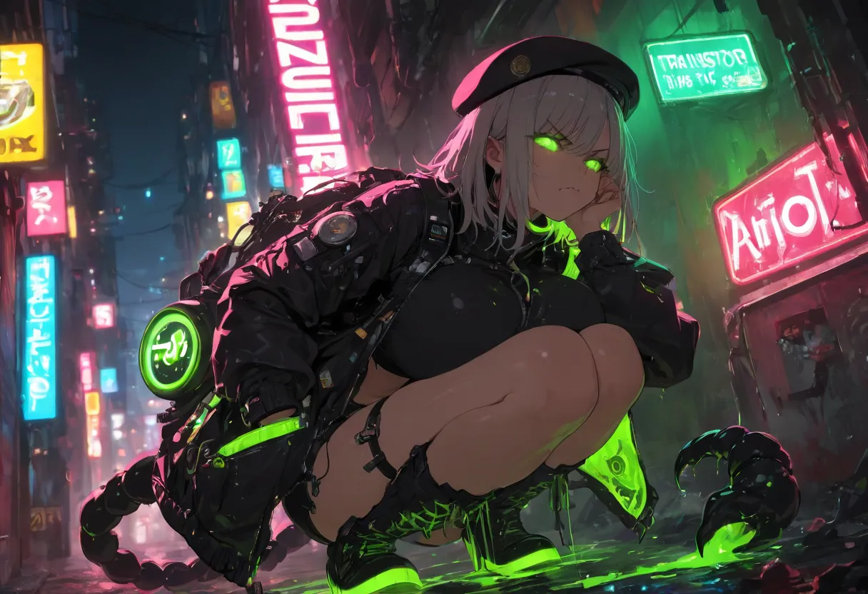 ((solo)), (transistor:1.3), squatting, knees together feet apart, amazing masterpiece, top quality, high fashion, absurdres extremely, close up, HDR, intricate details, very cute face, vivid colors, commentary, curvy beauty body, Perfect body line, flawles...