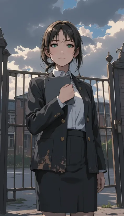 Medium-shot, vertical pastel-style illustration featuring Karina Astari, a 30-year-old woman standing in front of a school gate. She has a cold, arrogant smirk and sharp, slanted eyes that reflect superiority and harsh judgment. Her medium-length dark brow...