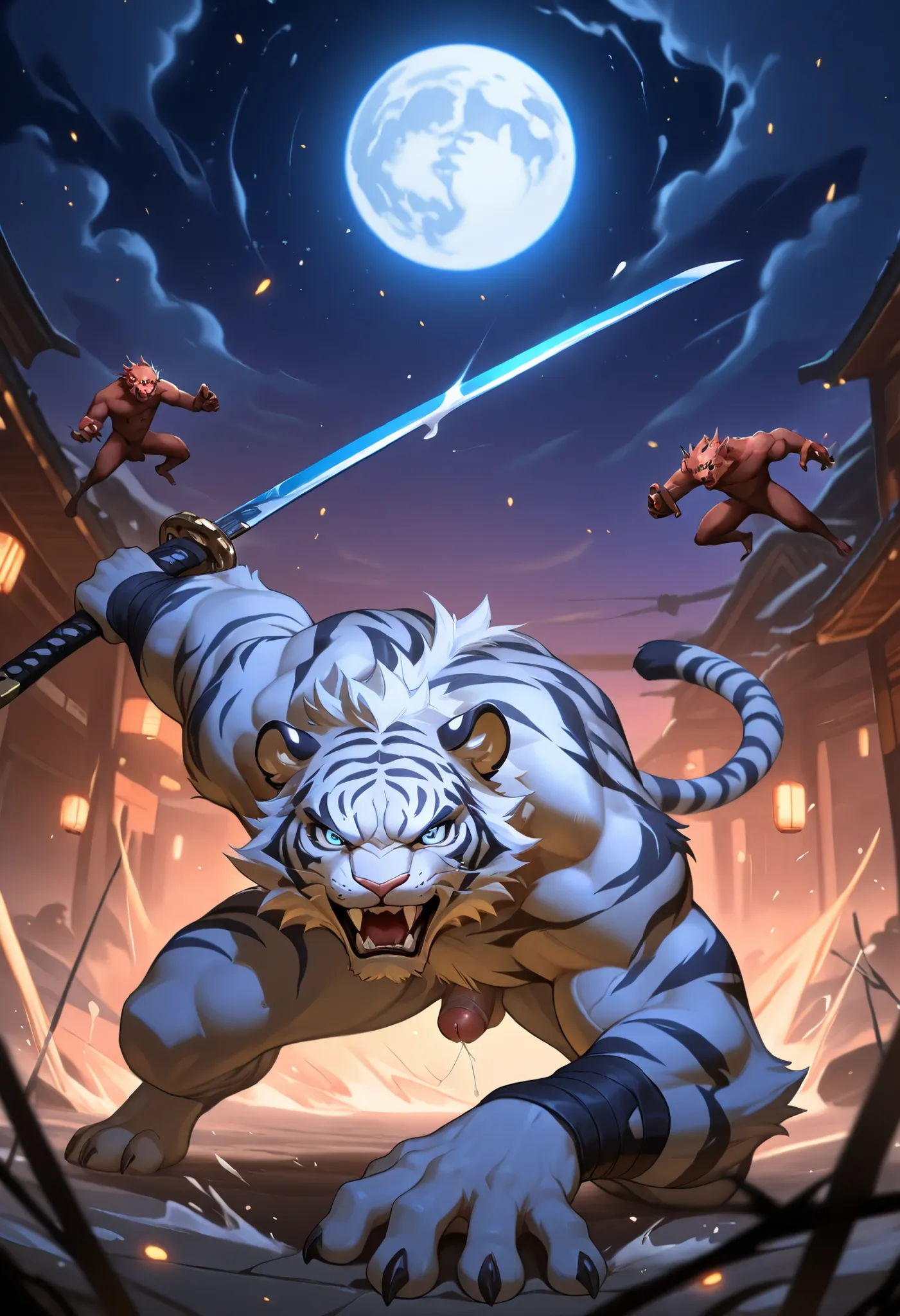 Best quality, masterpiece,ultra high res,detailed background,realistic, real shadow and light,depth of field, looking at the viewer, strong arm and veins, commission for high res, anthropomorphi there's a white tiger furry, white tiger, aggressive face, fl...