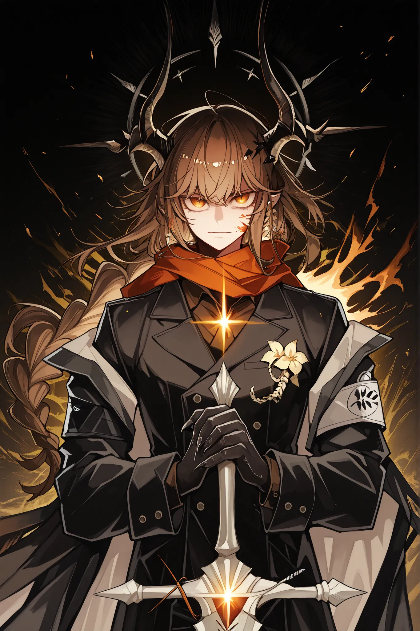 Solo, young man, facing the viewer, brown hair, hairstyle like Reed The Flame Shadow from Arknights but with a long braid in his hair, face like Hill from Lilith' Cord, reddish-wine eyes, long bangs, perfect anatomy, student, black horns of Reed The Flame ...