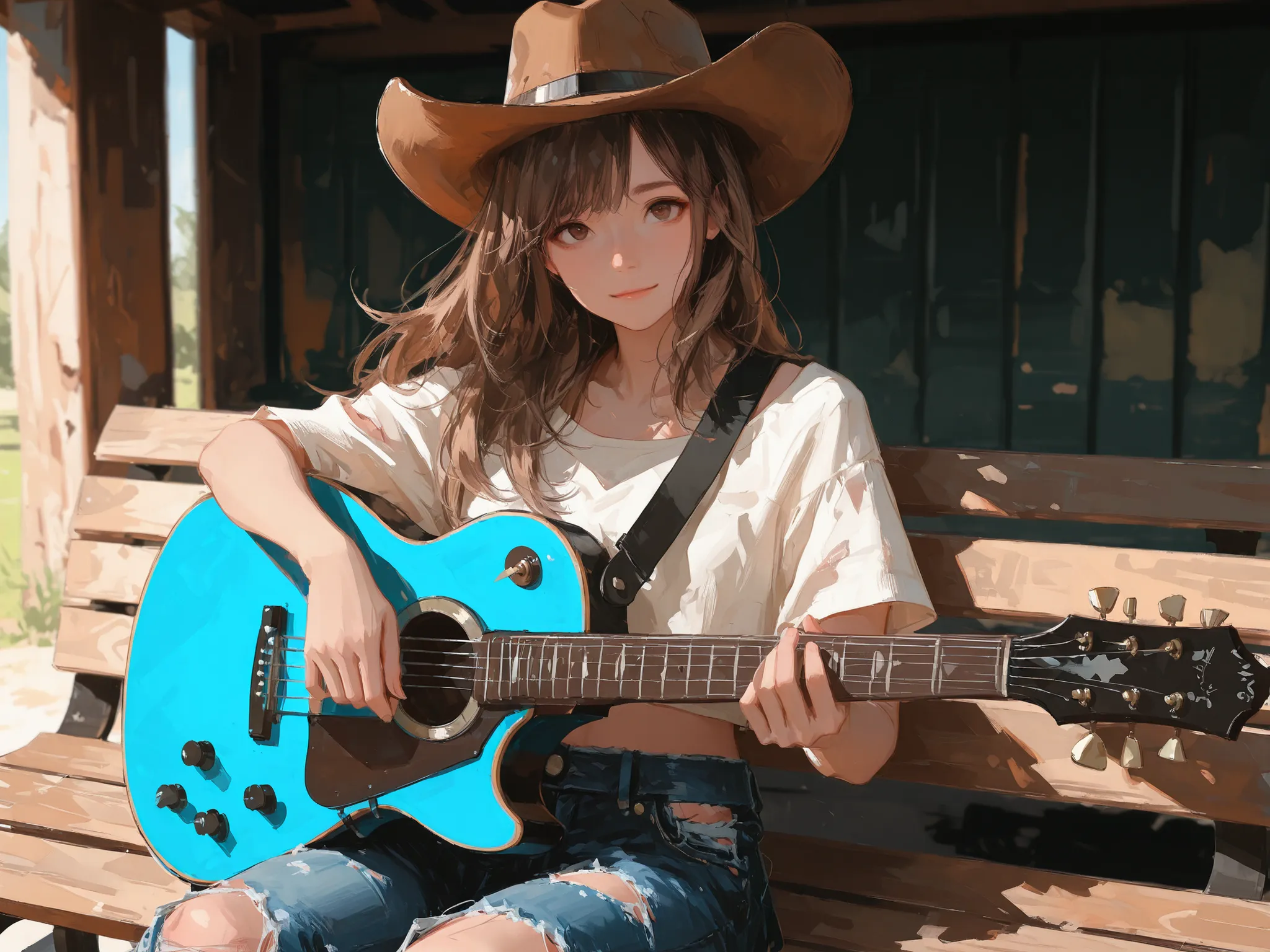 makes an aesthetic, Master piece, Best Quality, ultra detailed, medium shot, a cute girl, solo, long Hair, beautiful brown hair, looking at viewer, light smiling, beautiful brown eyes, sitting bench, white cropped shirt, torn denim, cowboy hat, holding a e...