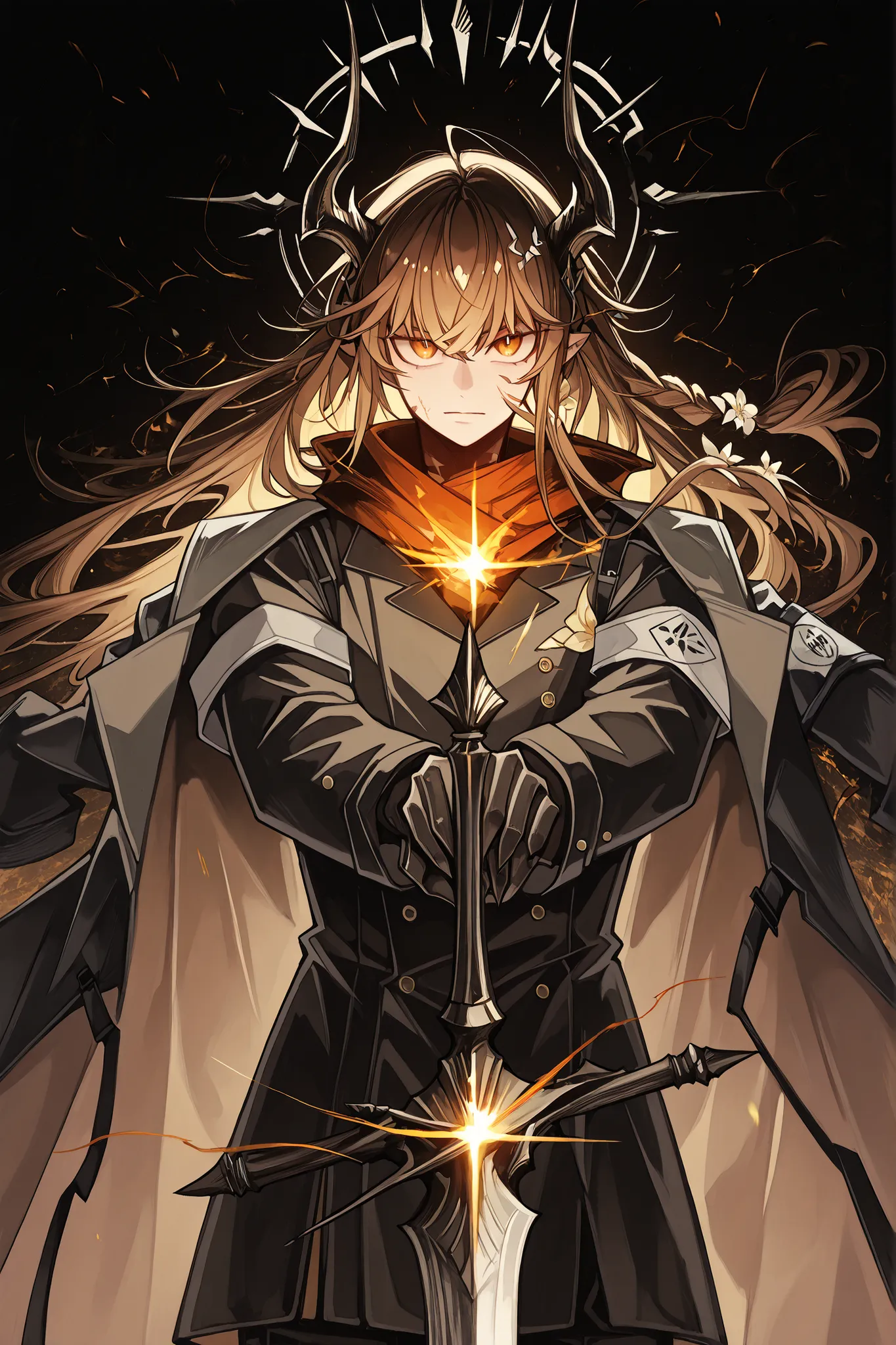Solo, young man, facing the viewer, brown hair, hairstyle like Reed The Flame Shadow from Arknights but with a long braid in his hair, face like Reed The Flame Shadow from Arknights, reddish-wine eyes, long bangs, perfect anatomy, student, black horns of R...