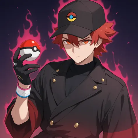 fifteen years boy, one boy, serious expression. hair lifted up, medium short hair, baseball cap with a pokeball symbol, red hair, beauty face, orange eyes, black jersey, loose red short-sleeved overcoat, pair of medium black gloves for mega-stone, psychic...
