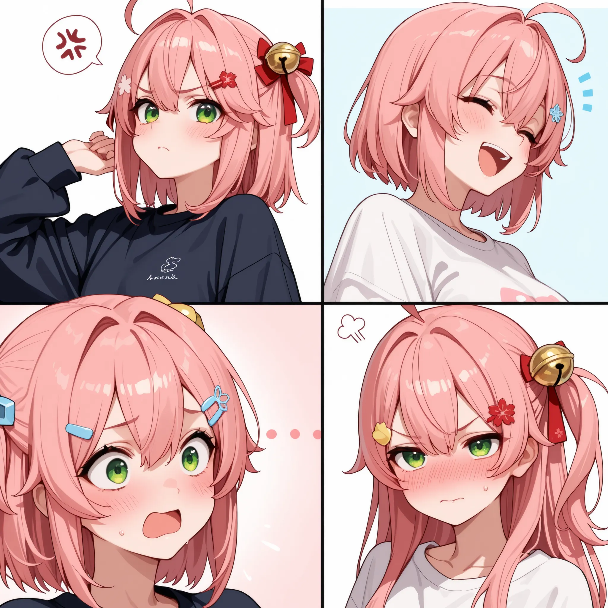 masterpiece,high resolution,Best Quality,8k,SakuraMiko, long hair, depicted in a four-panel image, each panel showcasing a face expression of different emotions: smile, blush, shy, and scared. The character uses body language to vividly convey each emotion...