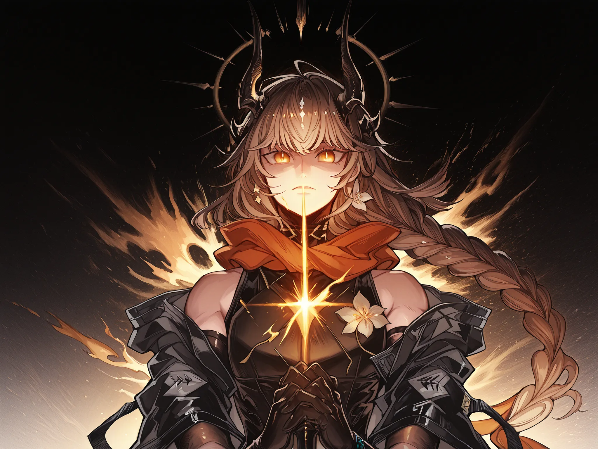 Solo, young man, facing the viewer, brown hair, hairstyle like Reed The Flame Shadow from Arknights but with a long braid in his hair, face like Reed The Flame Shadow from Arknights, reddish-wine eyes, long bangs, perfect anatomy, student, black horns of R...