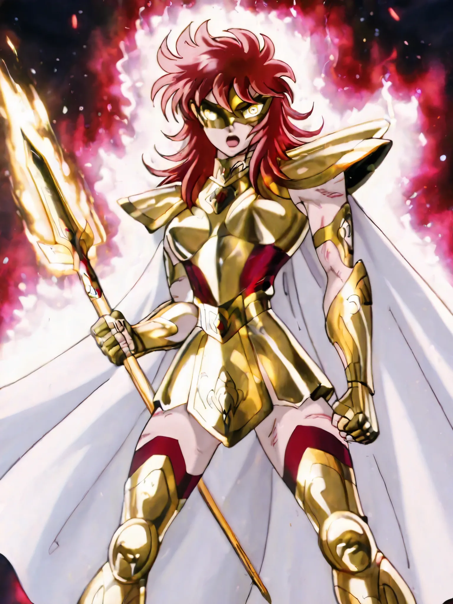 A powerful warrior, standing 6'4" tall and possessing a fierce and imposing presence. She has long, wavy red hair that flows behind her, intense golden eyes that glow with divine fire, and pale skin marked by faint battle scars. Her physique is athletic an...