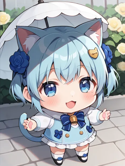 score_9, score_8_ up, score_7_ up, score_6_ up, score_5_ up, anime，nsfw， uncensored ，( chibi:1.3)， A month-old kitten with small brown and beige stripes、white with light blue flowers and I'm wearing a blue mini dress, Wear it for a long time, The ribbon is fluttering over her head, holding a floral umbrella with lace next to its ears，Cat ears，Cat tail，Her face is looking up, Her eyes are blue, white and light blue moss phlox blooming under her feet, Rain、the puddle has a realistic coat, Kitten with legs in her hands, A cute kitten with a sweet gesture，Hydrangea flowers，