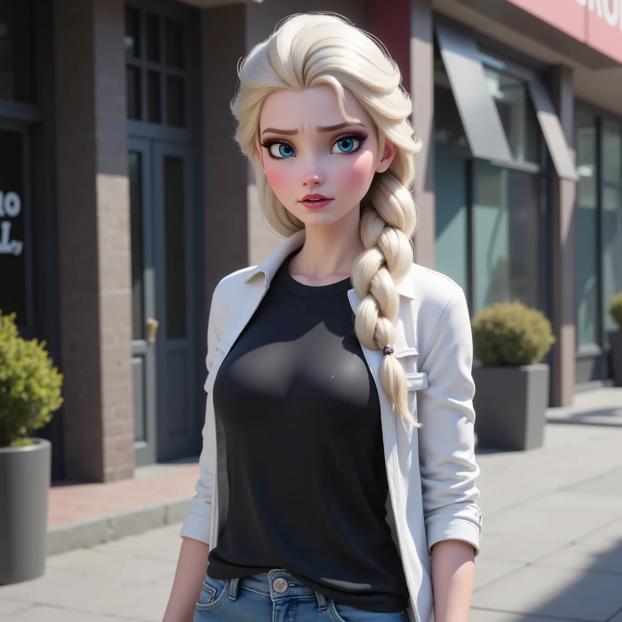 Elsa has a black shirt and white jacket, And she's wearing jeans..Get out