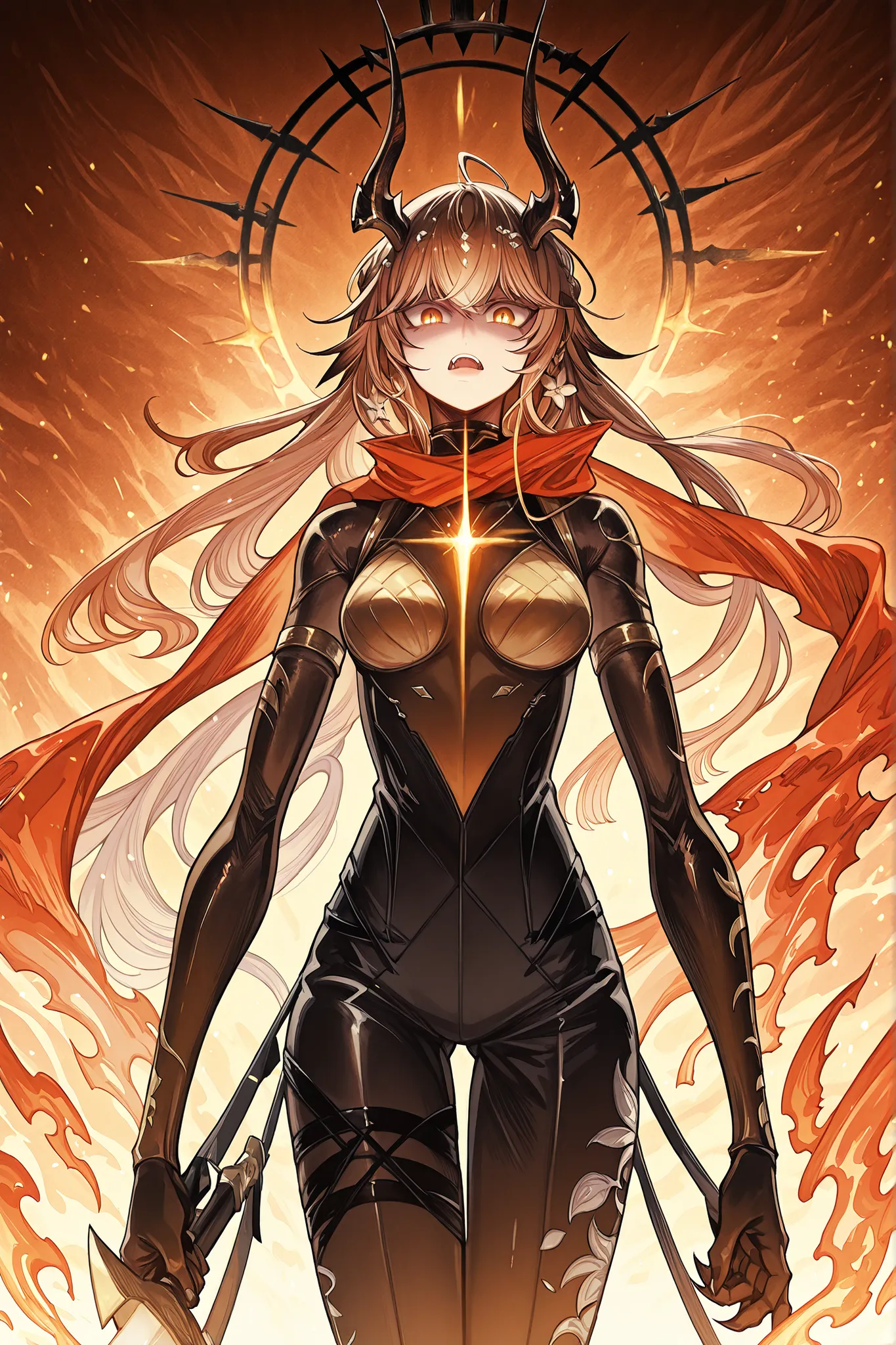Solo, ung man, facing the viewer, brown hair, hairstyle as Reed The Flame Shadow from Arknights but with a long braid in her hair, face as Hill from Lilith' Cord, eyes in the red wine color tone, long bangs, perfect anatomy, student, black horns of Reed Th...