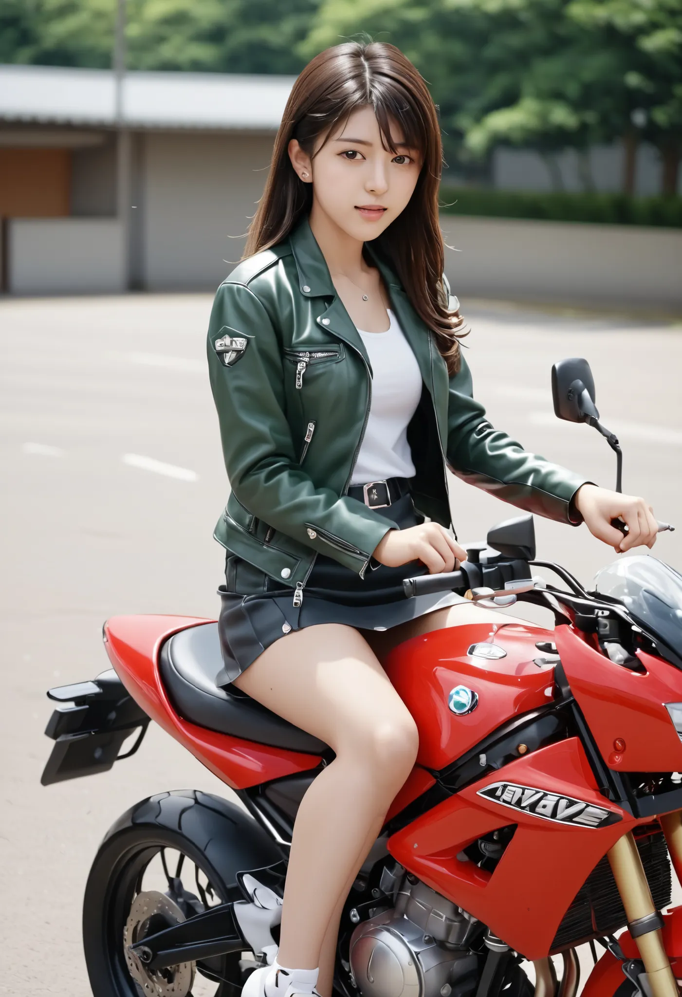 araffe girl sitting on a MOTORCYCLE in a skirt and jacket, leather tank top、Leather sleeveless 、girl in short miniskirt, sitting on a MOTORCYCLE,Kawasaki Ninja、Green Ninja、 young Asian Girl, japanese model, , young and cute gravure idol, riding a MOTORCYCL...