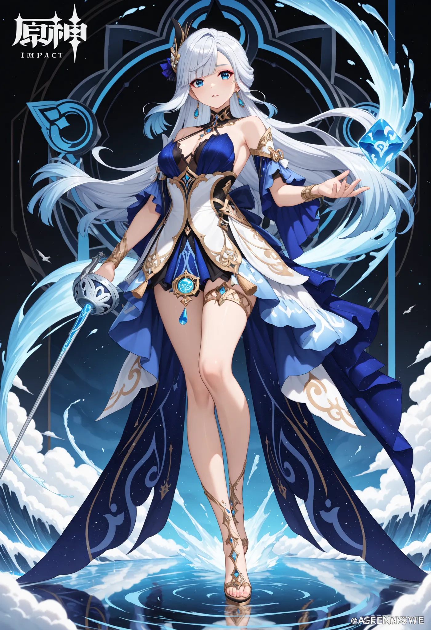 Girl with long hair, white to navy hair, anime aesthetic, anime vibes, Anime, noble girl, anime art wallpaper 4 k, anime art wallpaper 4k, anime art wallpaper 8 k, anime background art,anime asthetic, masterpiece , top quality, woman, ((azure eyes)). sol...