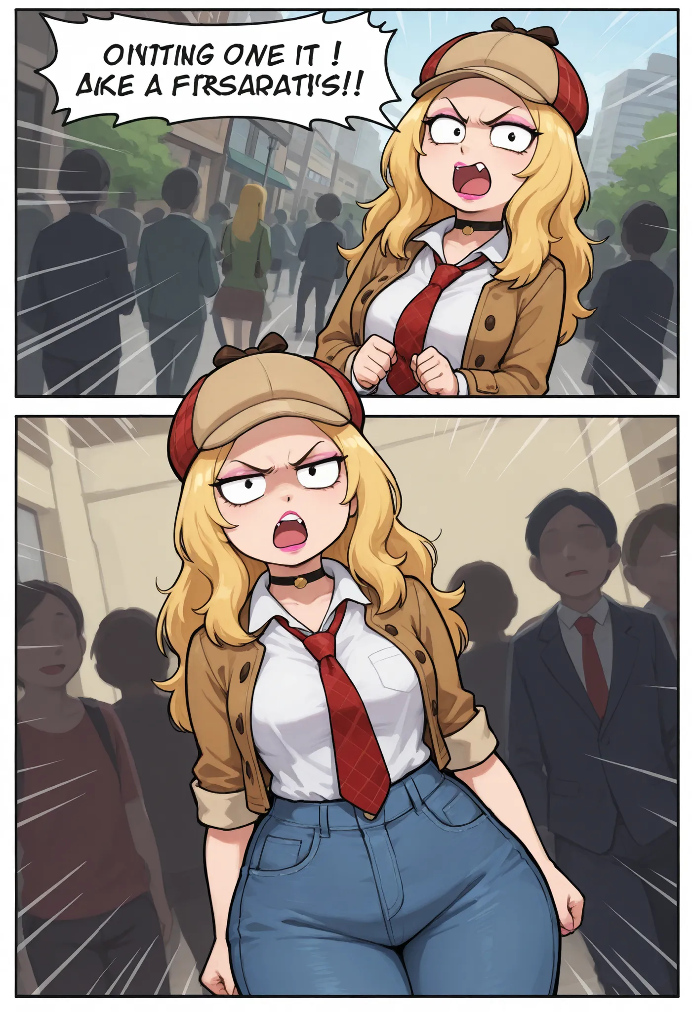 Francine Smith, looking at viewer, pink lipstick, choker, Blonde hair, medium breasts, huge hips. long hair.| trimmed jacket , tsirt . jeans , cowboy shot , dutch angle , public indecency , nonchalant , solo focus. ame_firstoutfit, 1girl, solo, skirt, hat,...