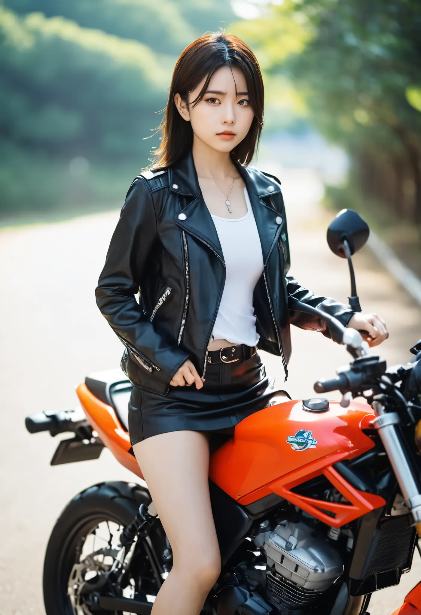 araffe girl sitting on a MOTORCYCLE in a skirt and jacket, レザーtank top、Leather sleeveless 、短いminiskirtの女の子, sitting on a MOTORCYCLE,Kawasaki Ninja、Green Ninja、 young Asian Girl, japanese model, , young and cute gravure idol, riding a MOTORCYCLE, Beautiful ...