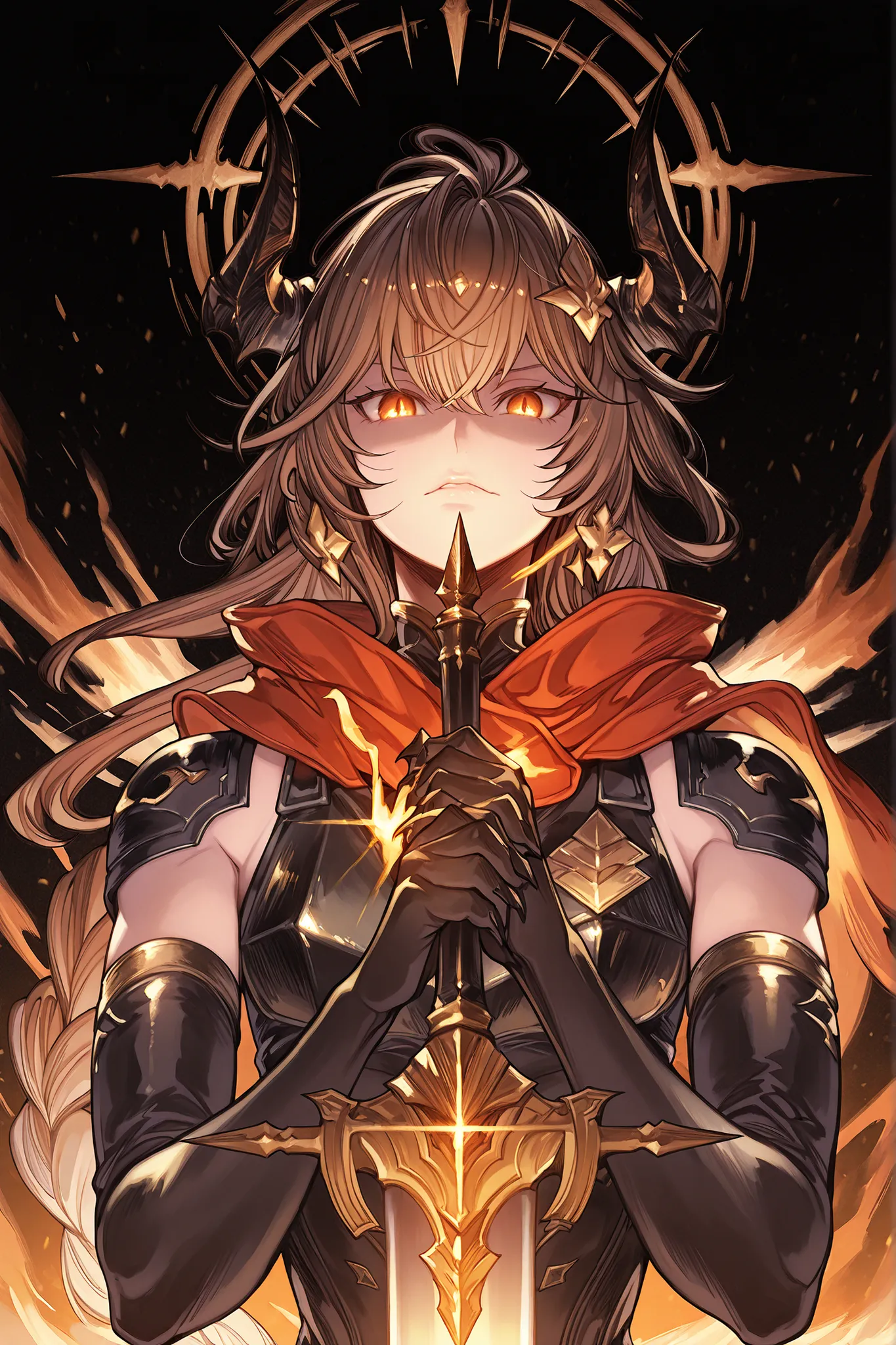 Alone, a man, facing the viewer, brown hair, hairstyle like Reed The Flame Shadow from arknights but with a long braid in his hair, face like sandalphon from Granblue Fantasy, eyes in the tone of red wine, long bangs, perfect anatomy, student, black horns ...