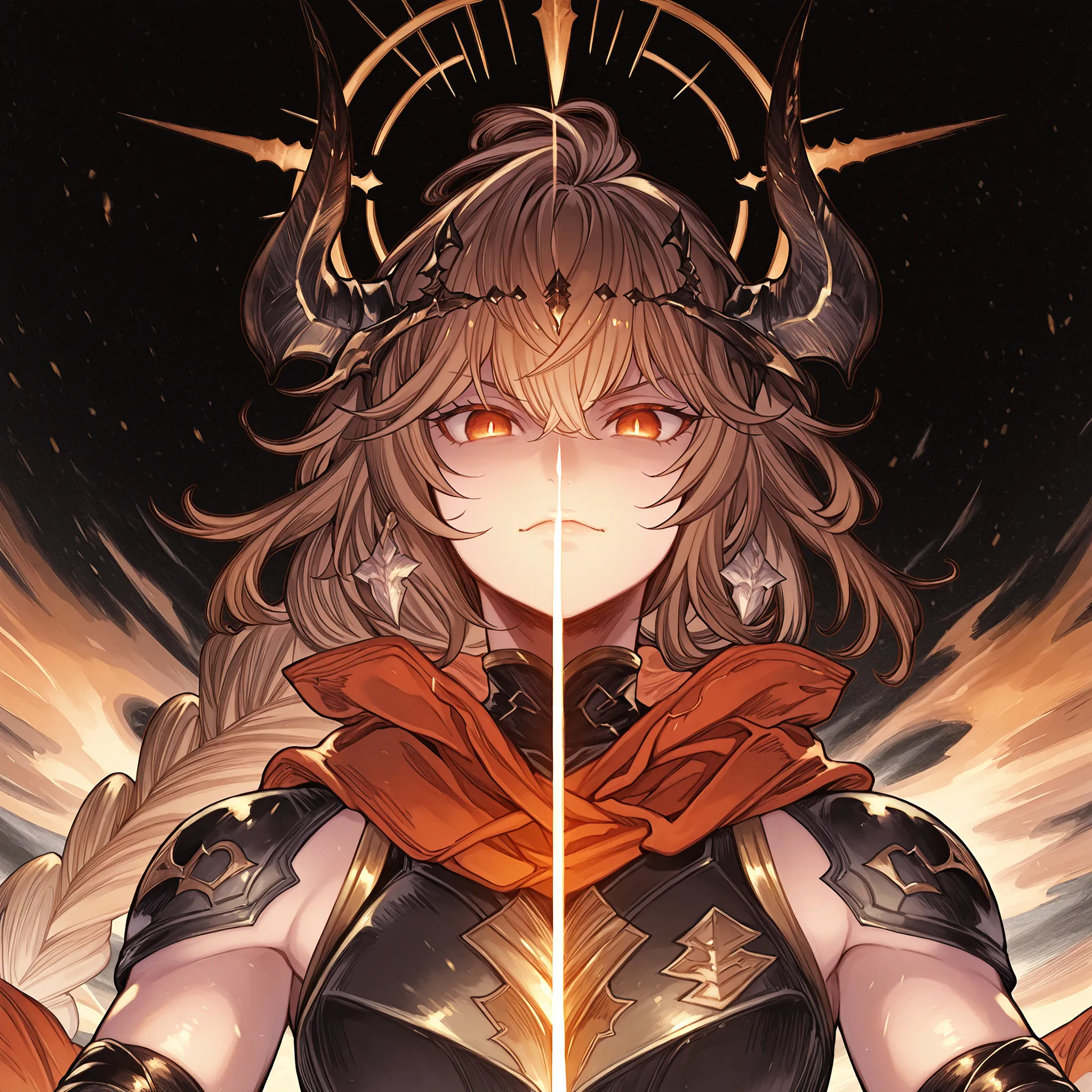 Alone, a man, facing the viewer, brown hair, hairstyle like Reed The Flame Shadow from arknights but with a long braid in his hair, face like sandalphon from Granblue Fantasy, eyes in the tone of red wine, long bangs, perfect anatomy, student, black horns ...