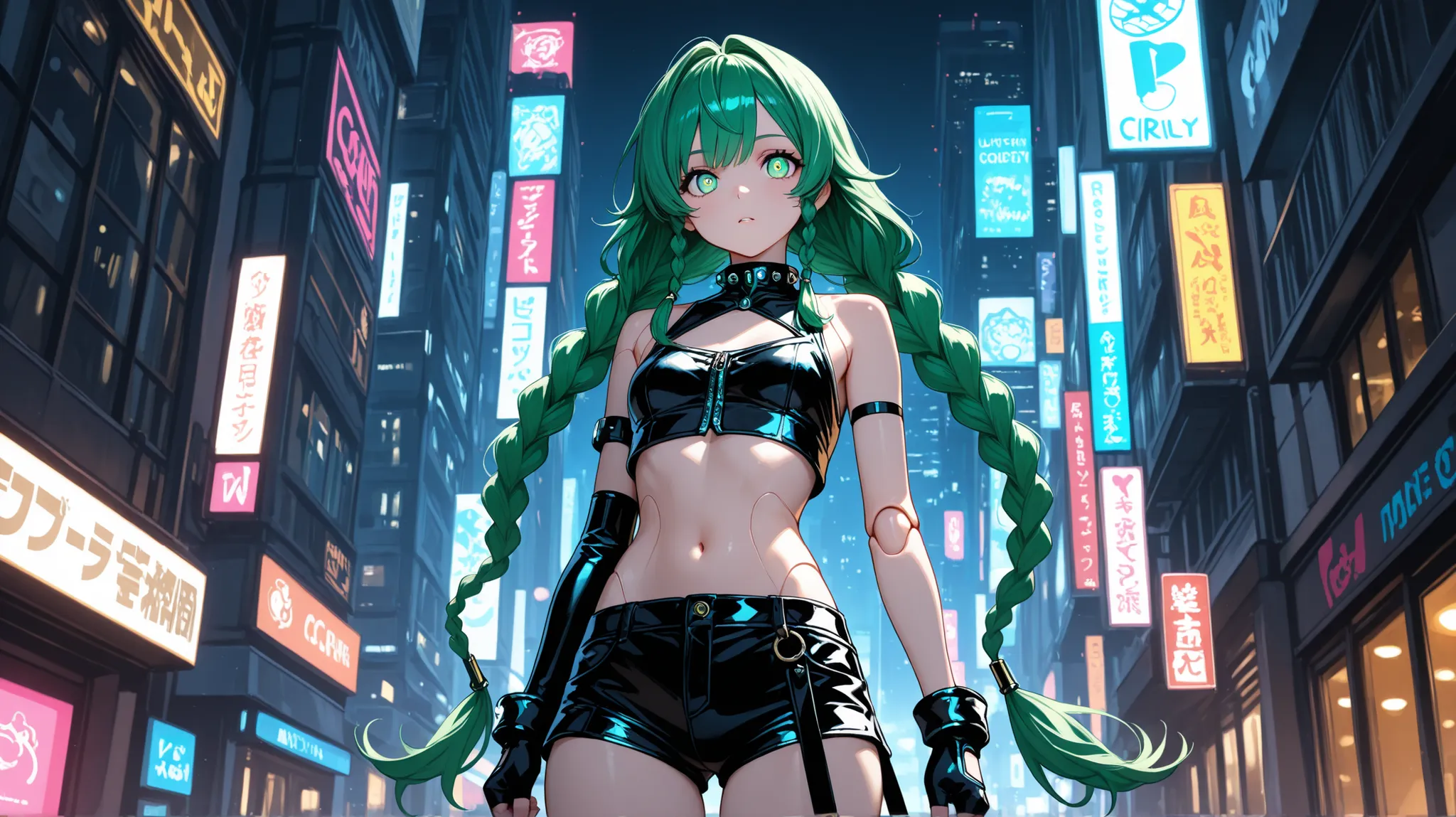 1girl, ultra-detailed, master piece, best quality, high resolution, beautiful eyes, detailed face, symmetrical clear eyes, cyber punk city in the background at night, long hair, gloves, bare shoulders, very long hair, green eyes, braid, green hair, shorts,...