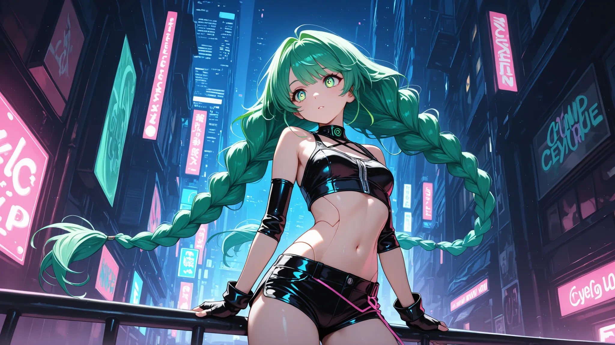 1girl, ultra-detailed, master piece, best quality, high resolution, beautiful eyes, detailed face, symmetrical clear eyes, cyber punk city in the background at night, long hair, gloves, bare shoulders, very long hair, green eyes, braid, green hair, shorts,...