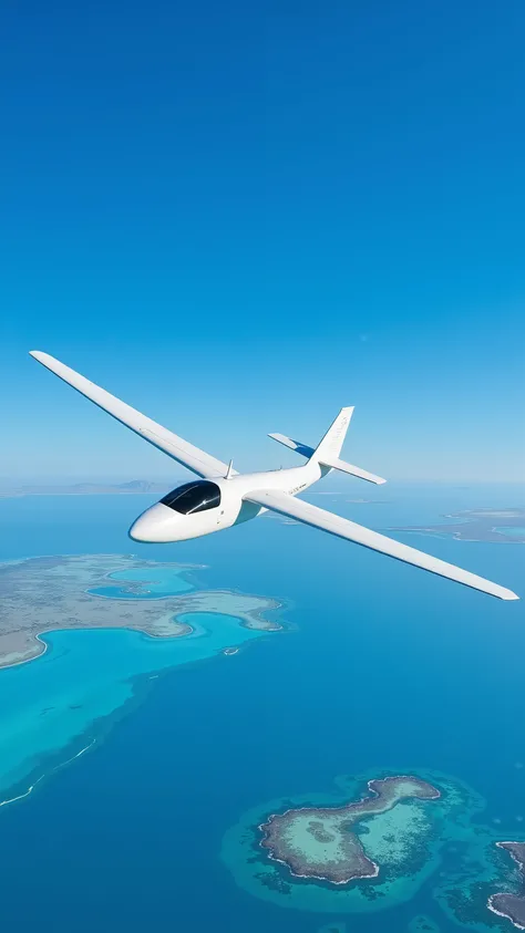 A white single-seater slim glider is flying in the blue sky､There are no propellers、Elongated aircraft、flying through clear skies 、below are the blue waters and coral reefs of the Canary Islands、high definition, accurate, very well detailed,  Super Fine, L...