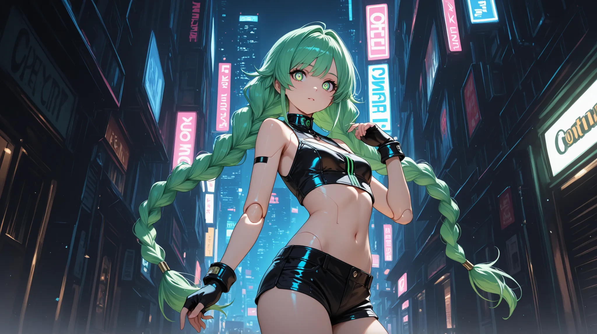 1girl, ultra-detailed, master piece, best quality, high resolution, beautiful eyes, detailed face, symmetrical clear eyes, cyber punk city in the background at night, long hair, gloves, bare shoulders, very long hair, green eyes, braid, green hair, shorts,...